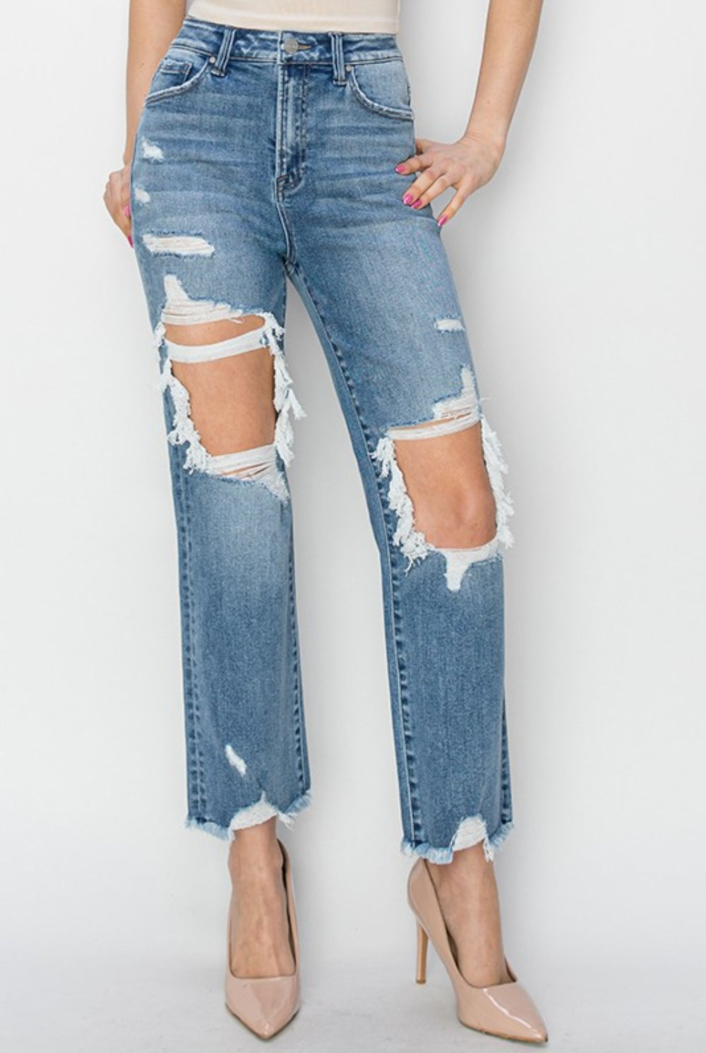 RISEN High Rise Distressed Crop Straight Jeans-Trendsi-Urban Threadz Boutique, Women's Fashion Boutique in Saugatuck, MI