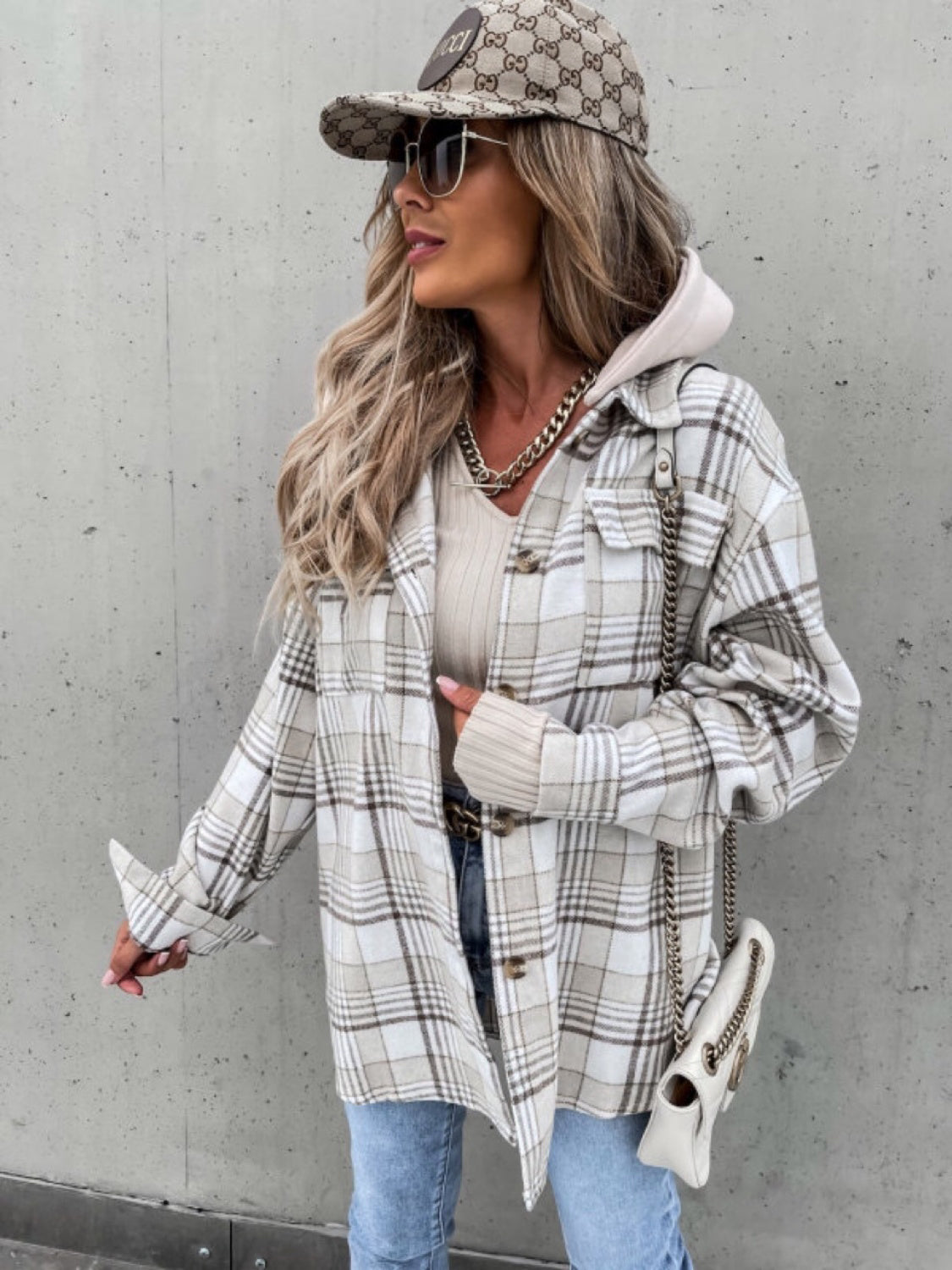 Plaid Dropped Shoulder Hooded Jacket-Coats & Jackets-Trendsi-Urban Threadz Boutique, Women's Fashion Boutique in Saugatuck, MI