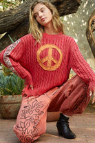 POL Washed Peace Patch Cable Knit Sweater-Sweaters-Trendsi-Urban Threadz Boutique, Women's Fashion Boutique in Saugatuck, MI