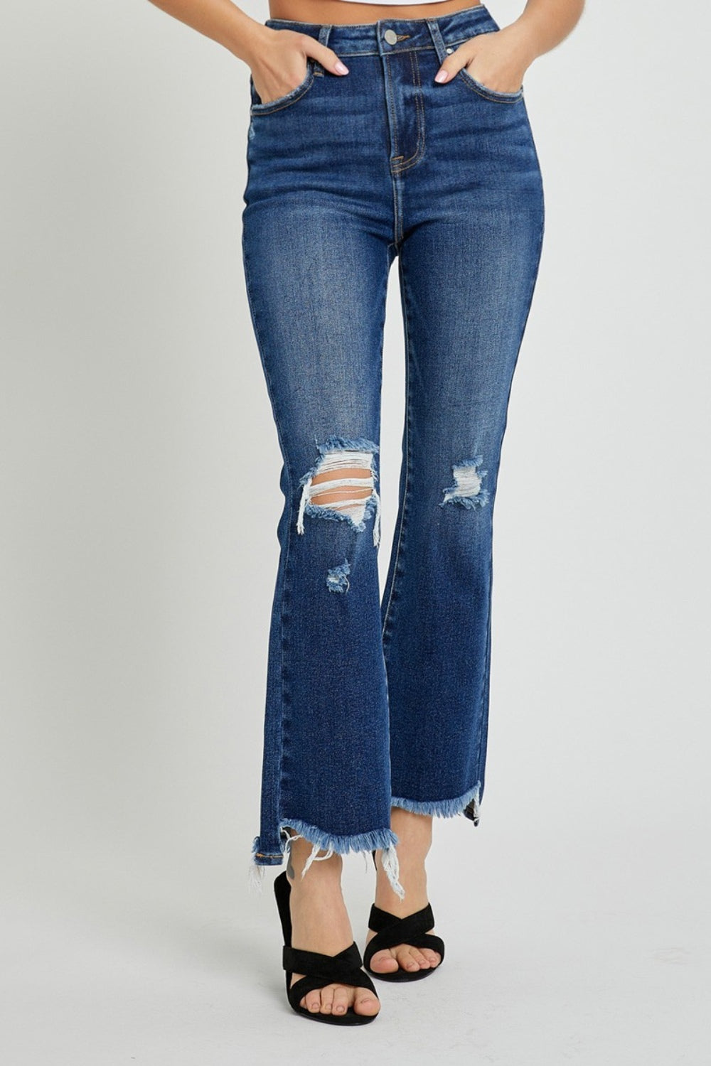 RISEN High Rise Distressed Crop Flare Jeans-JEANS-Trendsi-Urban Threadz Boutique, Women's Fashion Boutique in Saugatuck, MI