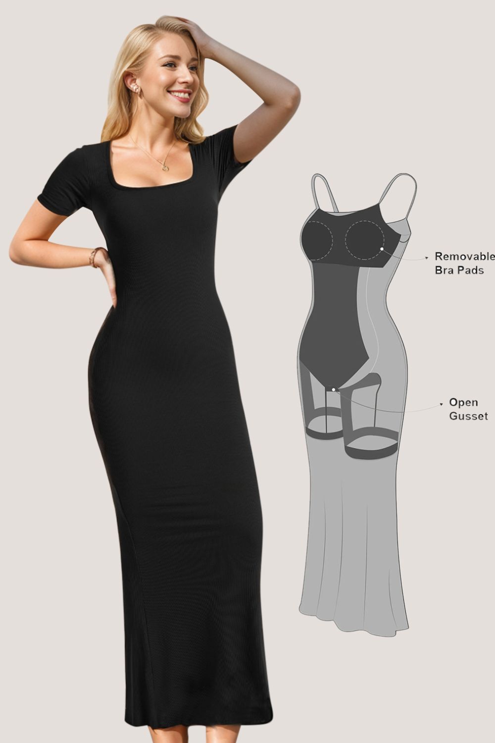 Basic Bae Built-In Shapewear Square Neck Short Sleeve Maxi Dress-Dresses-Trendsi-Urban Threadz Boutique, Women's Fashion Boutique in Saugatuck, MI