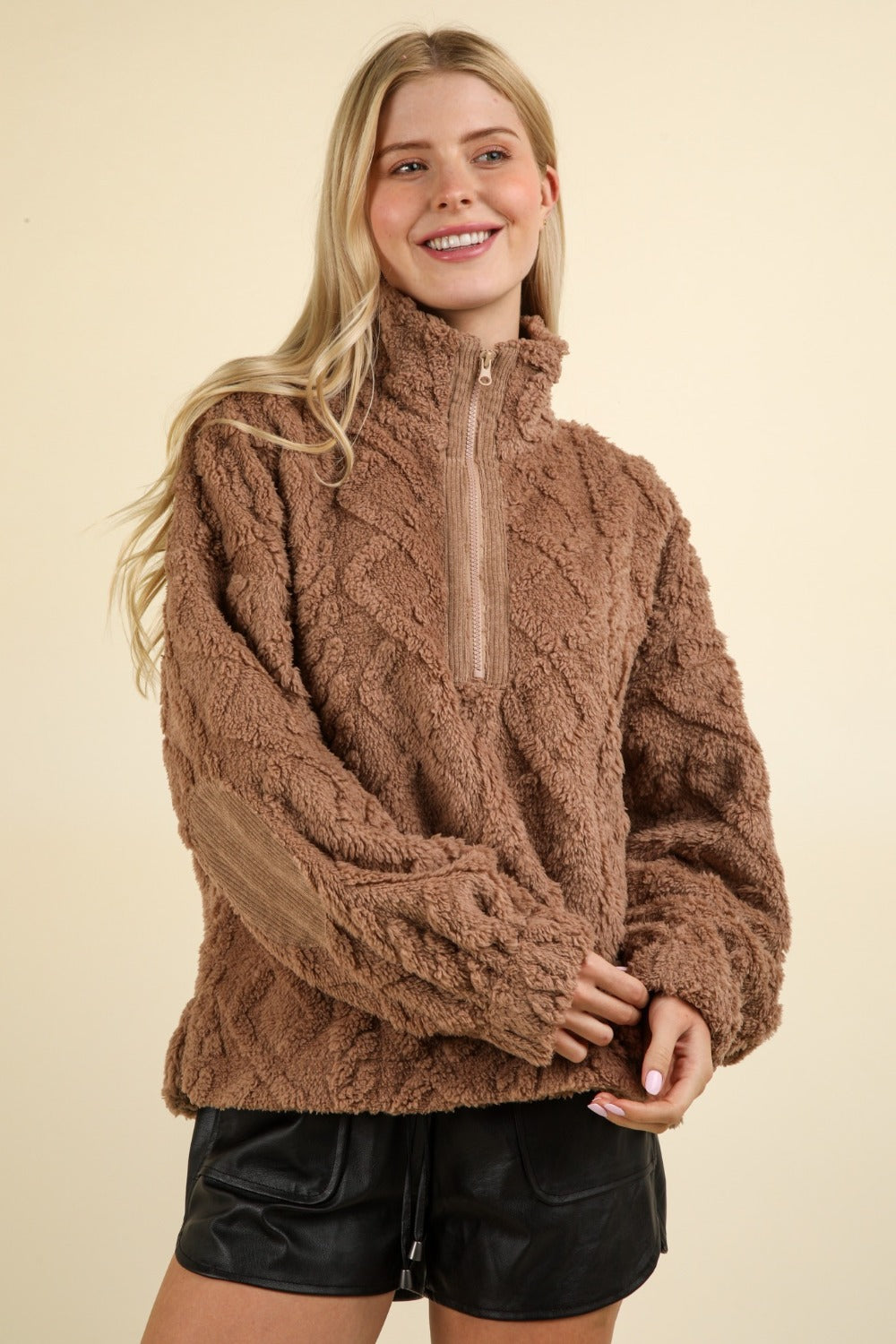 VERY J Fuzzy Fleece Half Zip Cable Pattern Sweatshirt-Coats & Jackets-Trendsi-Urban Threadz Boutique, Women's Fashion Boutique in Saugatuck, MI