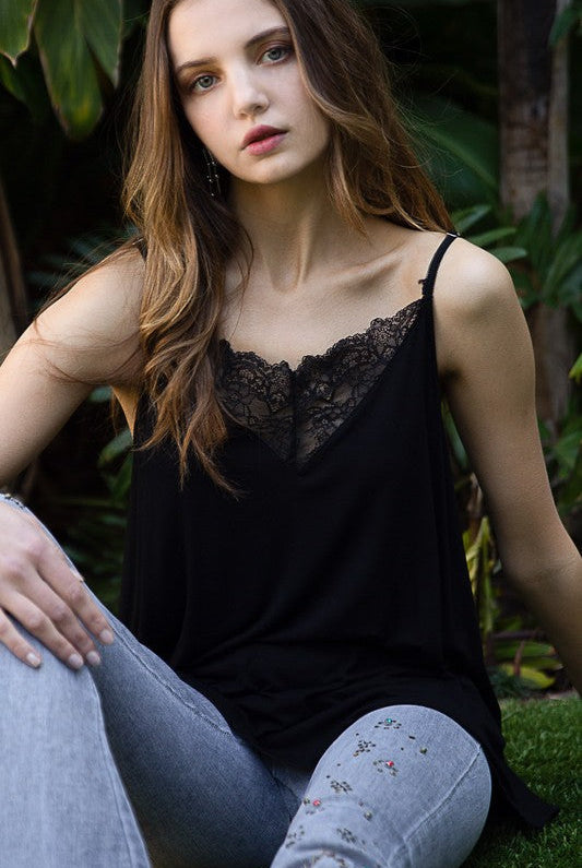 Adjustable Strap Lace Detail Cami Casual Tank Top in Black-Tank Tops-Ave Shops-Urban Threadz Boutique, Women's Fashion Boutique in Saugatuck, MI