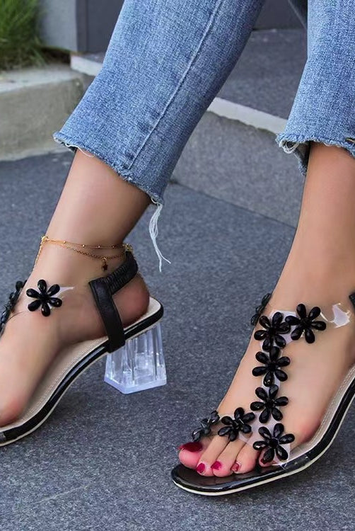 Flower Open Toe Block Heel Sandals-Trendsi-Urban Threadz Boutique, Women's Fashion Boutique in Saugatuck, MI
