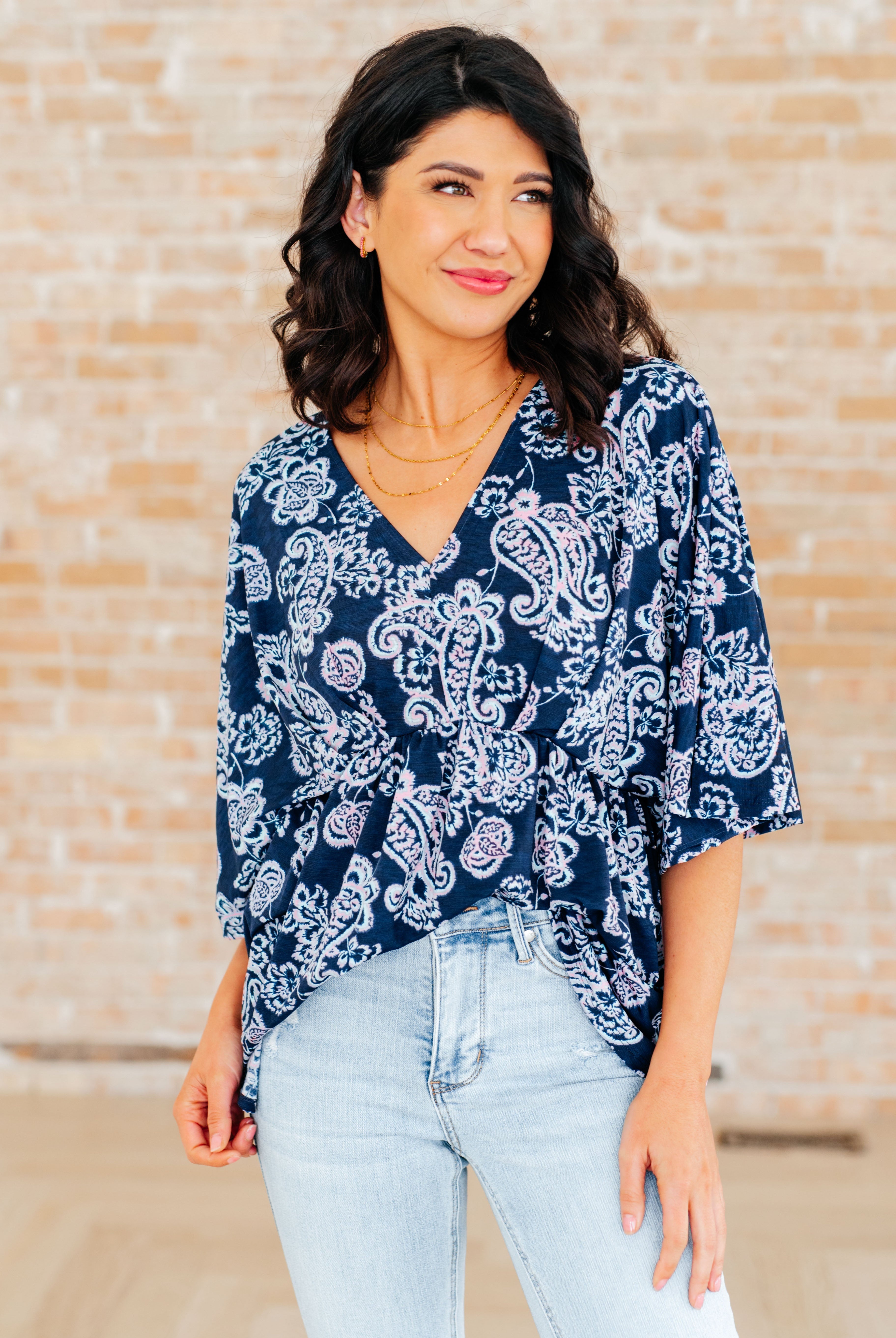 Dreamer Peplum Top in Navy and Pink Paisley-Tops-Ave Shops-Urban Threadz Boutique, Women's Fashion Boutique in Saugatuck, MI