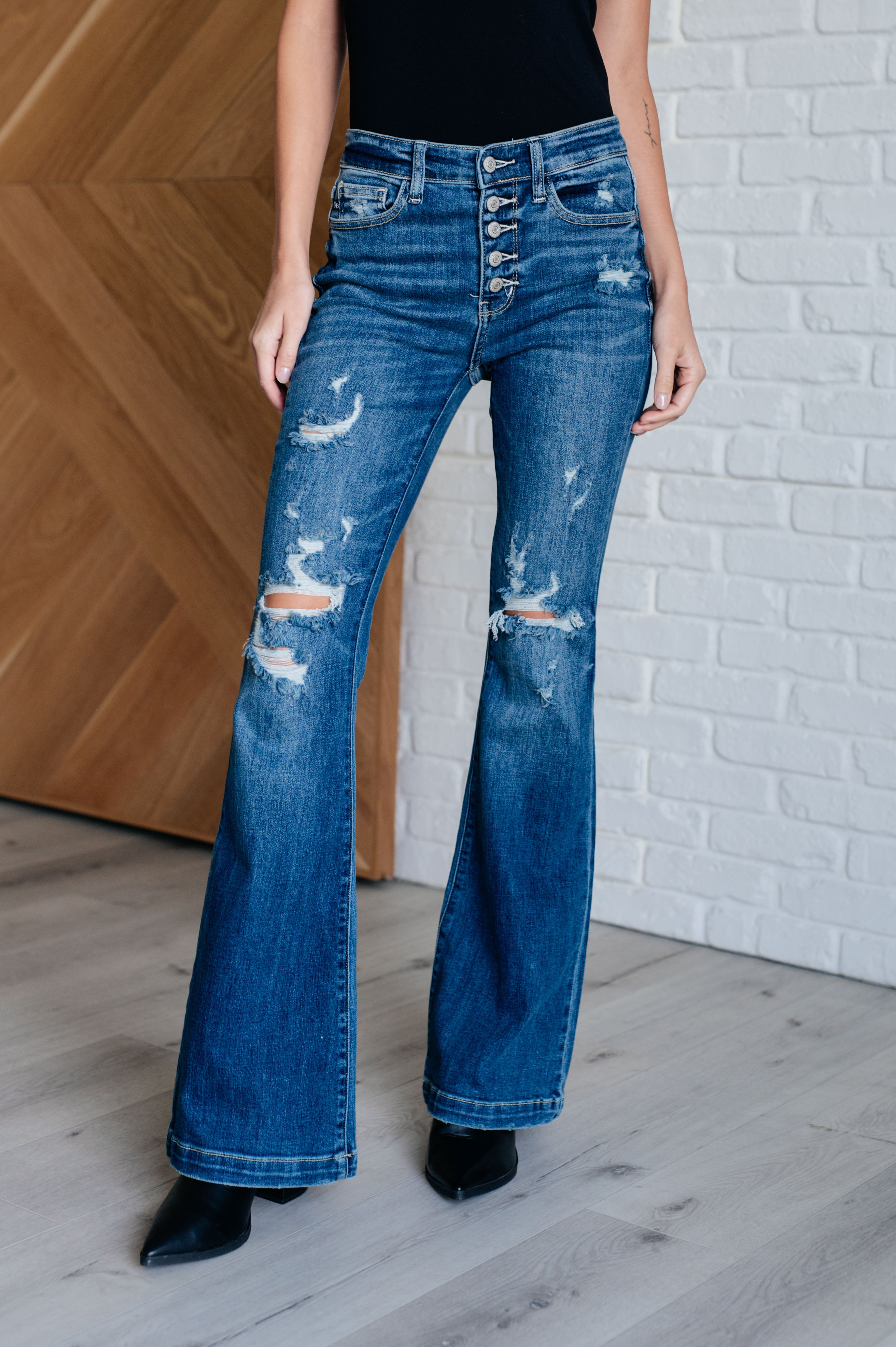 Gabriella Mid Rise Distressed Button Fly Flare-Jeans-Ave Shops-Urban Threadz Boutique, Women's Fashion Boutique in Saugatuck, MI