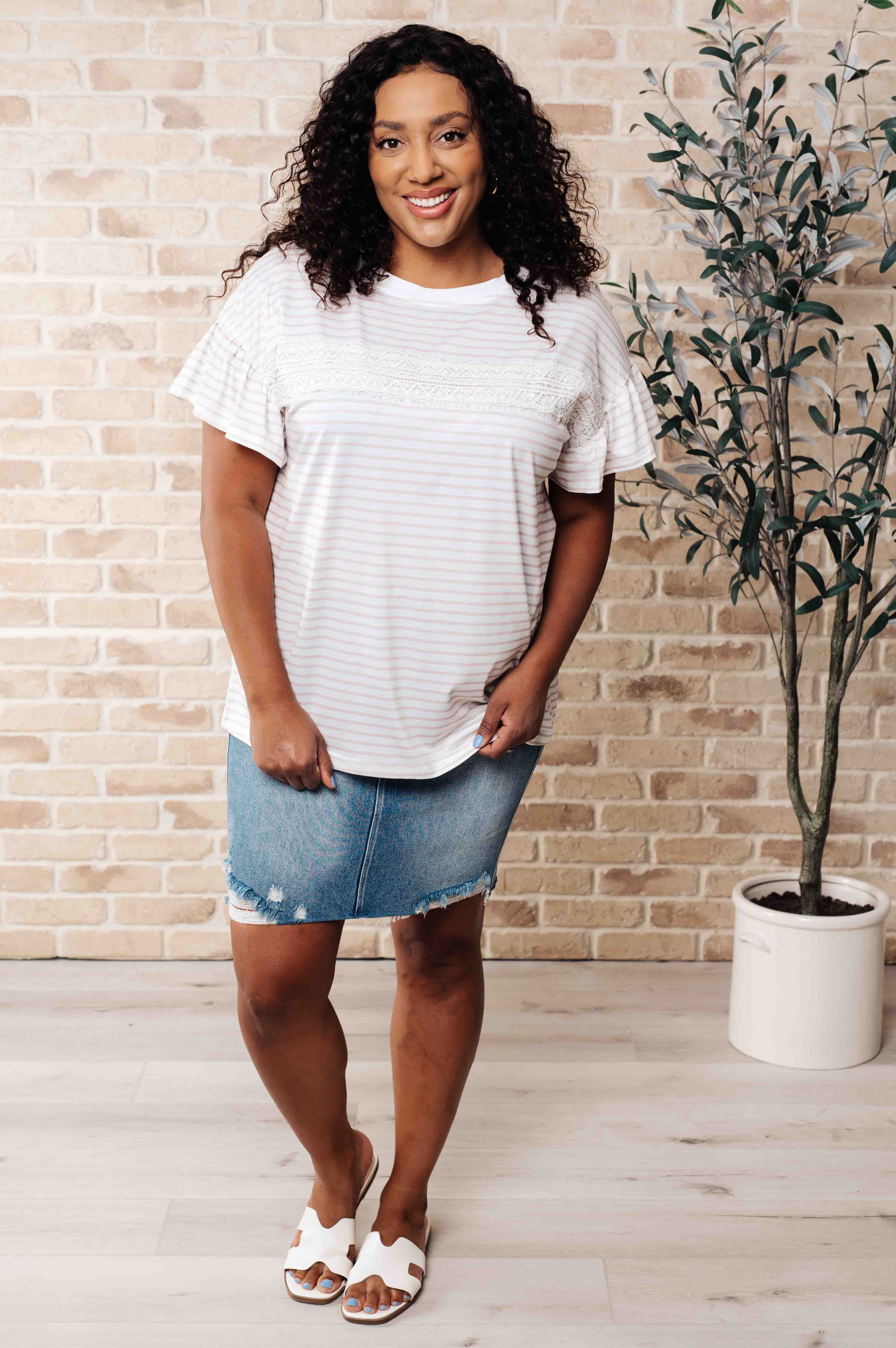 Hand to Hold Lace Detail Striped Top-Short Sleeves-Ave Shops-Urban Threadz Boutique, Women's Fashion Boutique in Saugatuck, MI