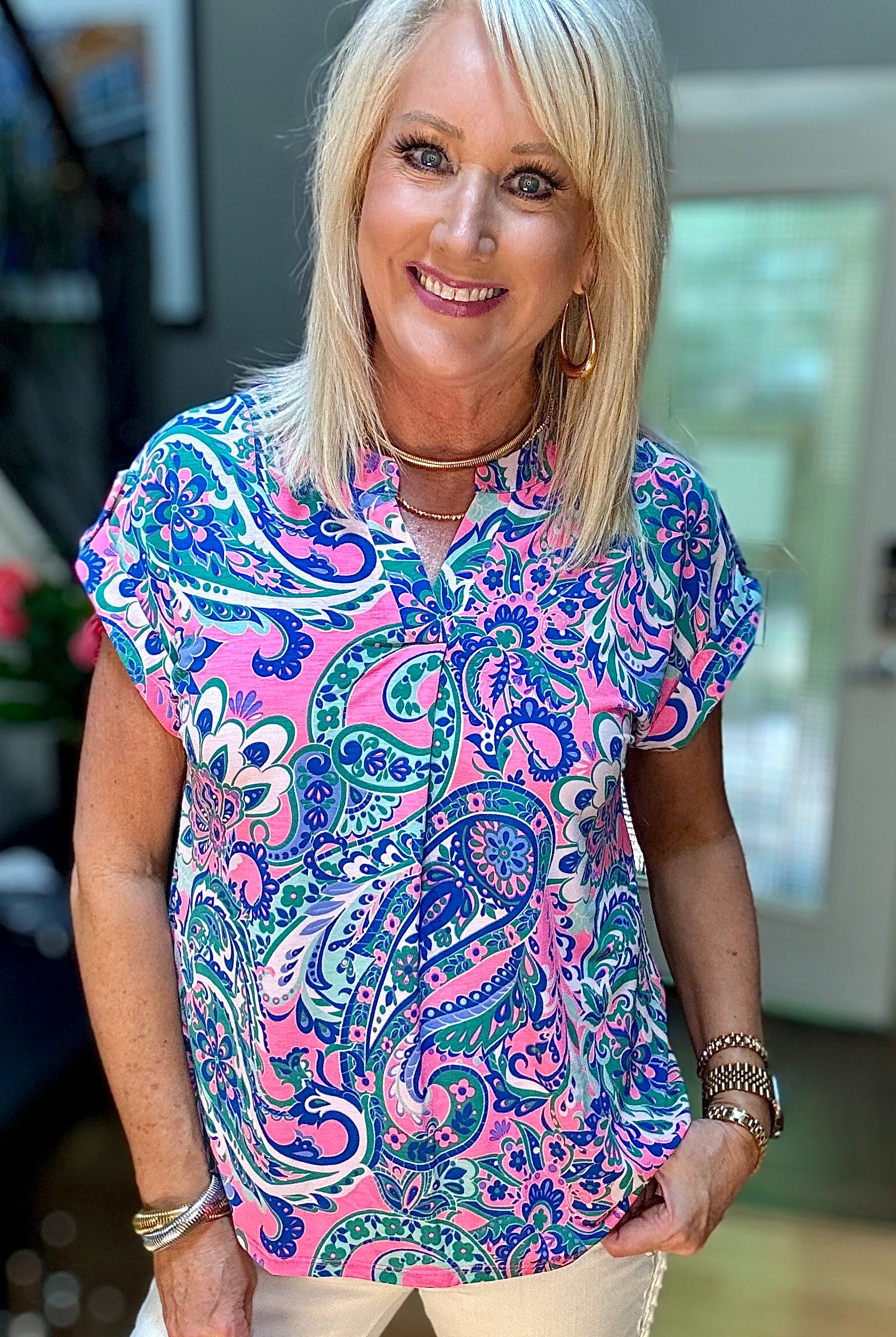 Lizzy Cap Sleeve Top in Pink and Jade Paisley Mix-Short Sleeves-Ave Shops-Urban Threadz Boutique, Women's Fashion Boutique in Saugatuck, MI