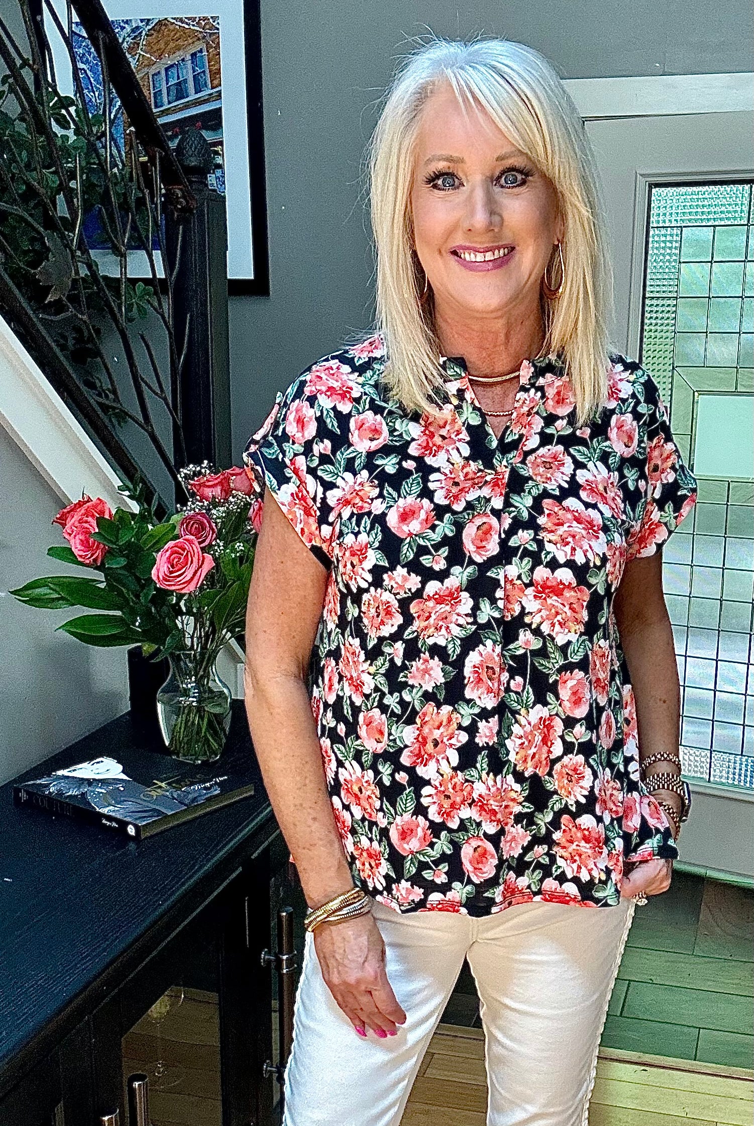 Lizzy Cap Sleeve Top in Black and Coral Floral-Short Sleeves-Ave Shops-Urban Threadz Boutique, Women's Fashion Boutique in Saugatuck, MI