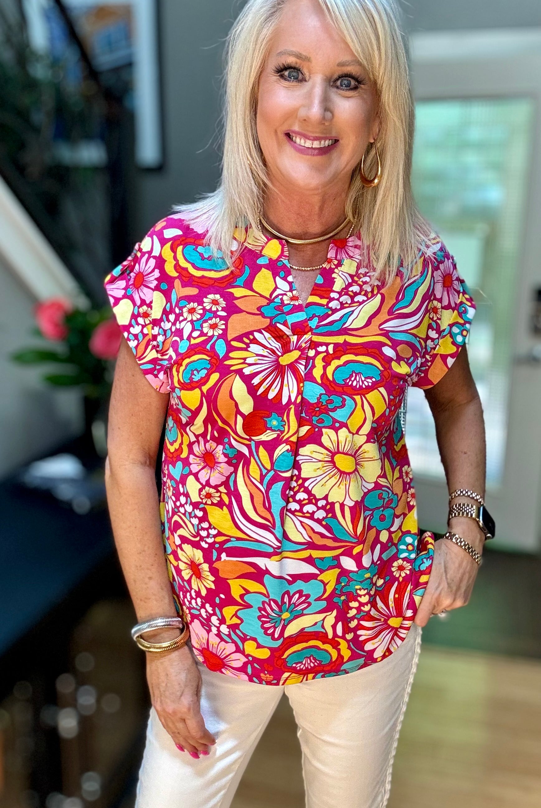 Lizzy Cap Sleeve Top Magenta and Pink Multi Floral-Short Sleeves-Ave Shops-Urban Threadz Boutique, Women's Fashion Boutique in Saugatuck, MI