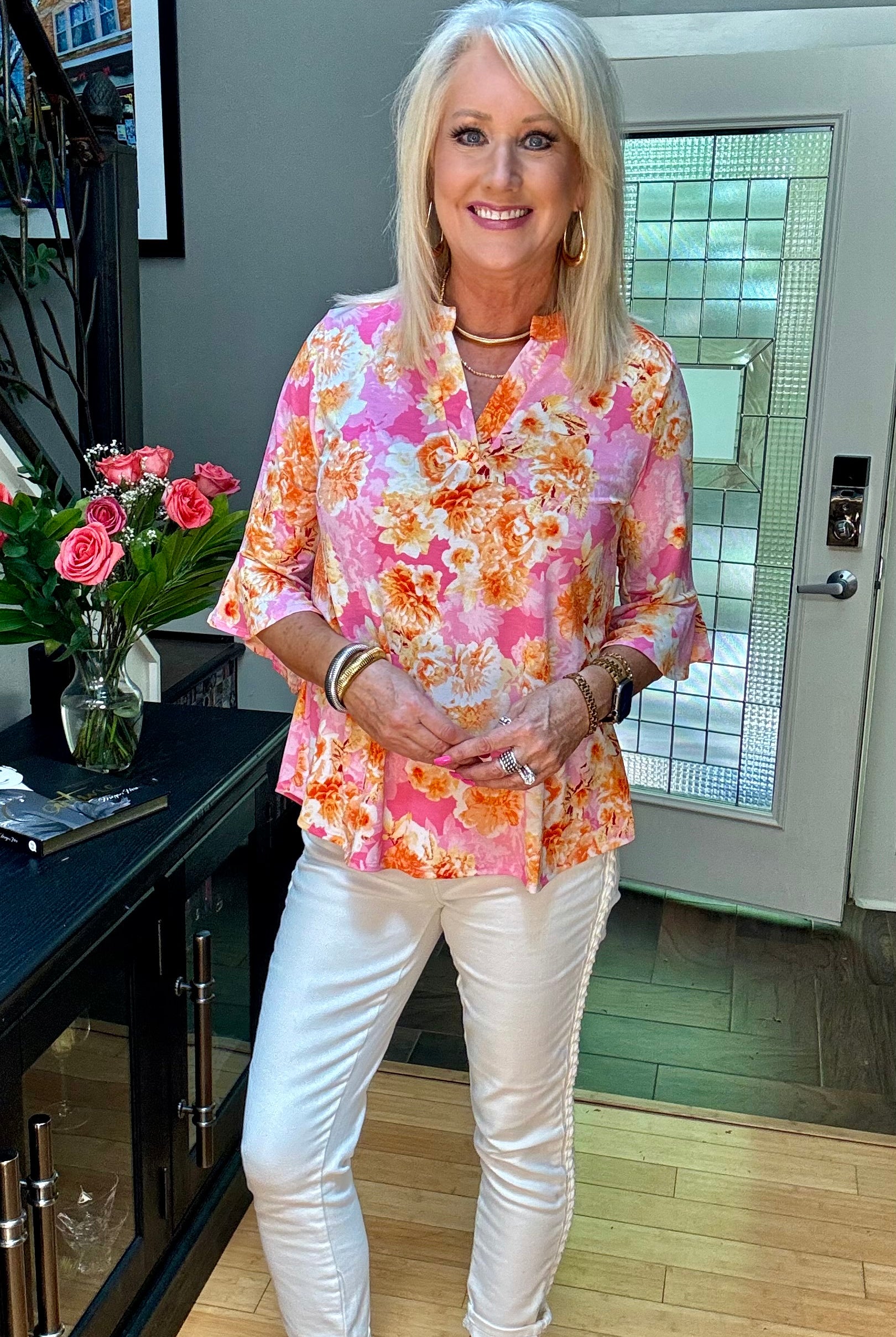 Lizzy Bell Sleeve Top in Pink and Gold Floral-Short Sleeves-Ave Shops-Urban Threadz Boutique, Women's Fashion Boutique in Saugatuck, MI
