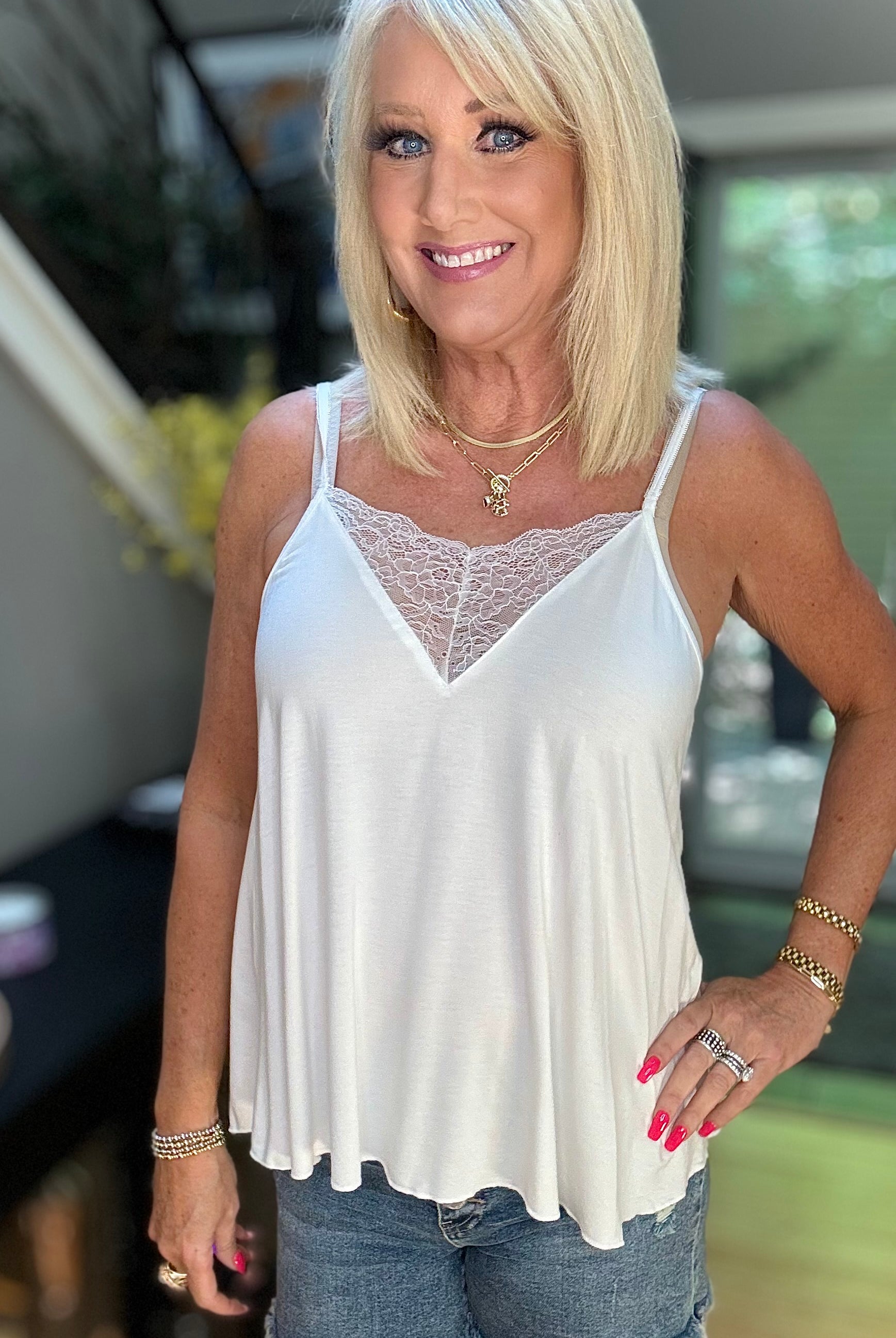 Adjustable Strap Lace Detail Cami Casual Tank Top in Ivory-Tank Tops-Ave Shops-Urban Threadz Boutique, Women's Fashion Boutique in Saugatuck, MI