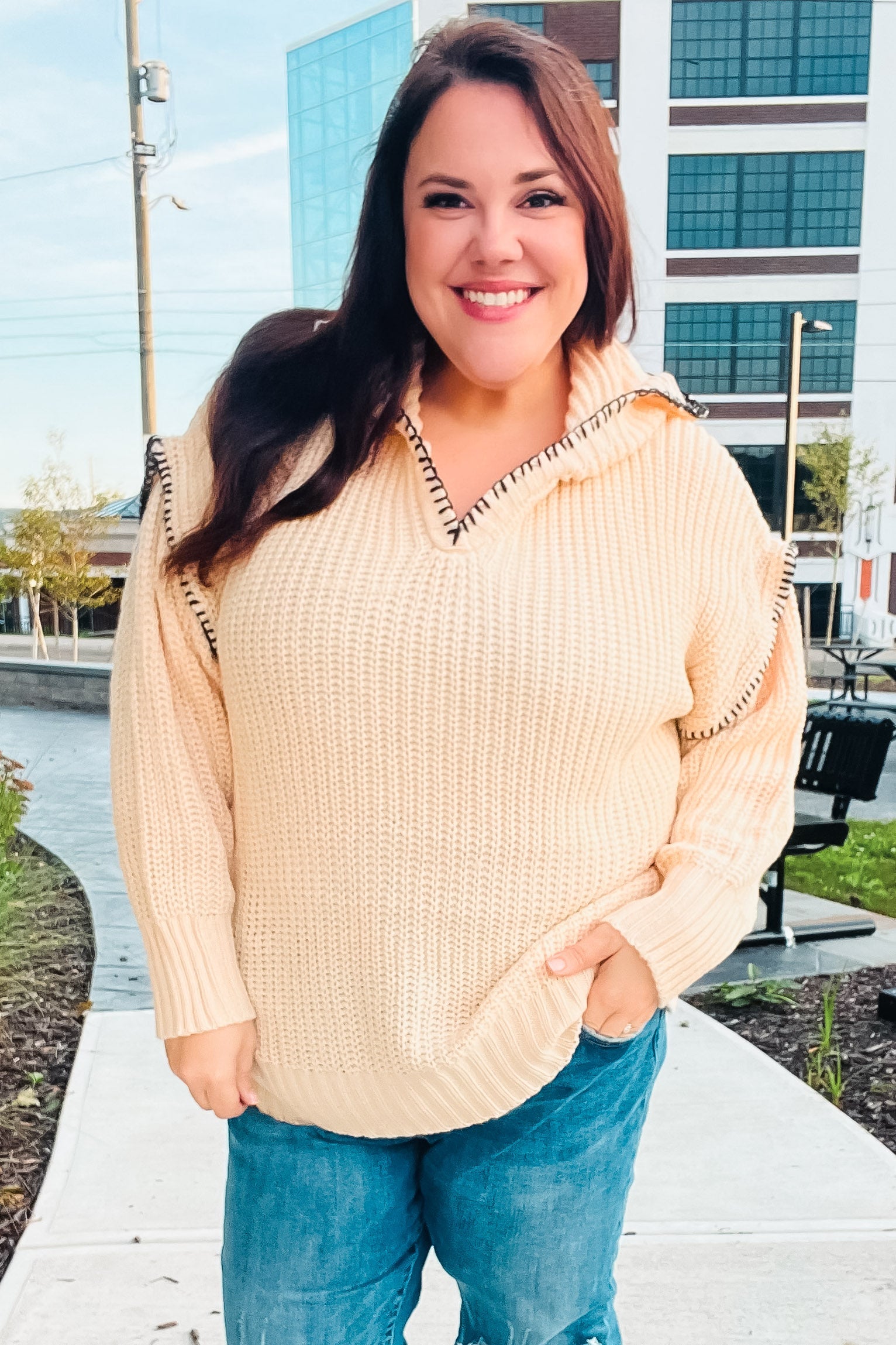 The Perfect Day Oatmeal Notched Neck Contrast Stitch Knit Hoodie-Sweaters-Haptics-Urban Threadz Boutique, Women's Fashion Boutique in Saugatuck, MI