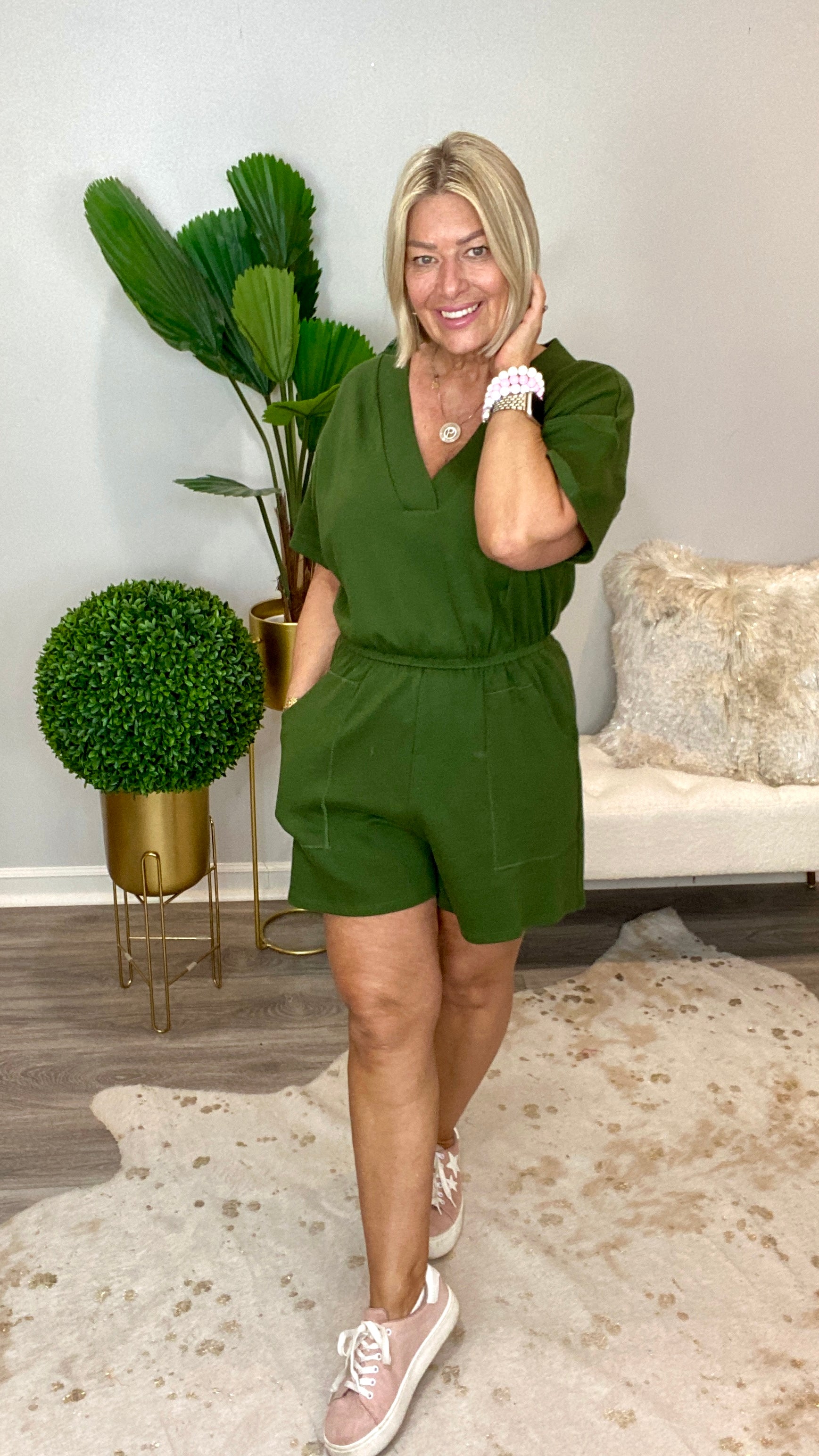 Short Sleeve V-Neck Romper in Army Green-Jumpsuits & Rompers-Ave Shops-Urban Threadz Boutique, Women's Fashion Boutique in Saugatuck, MI