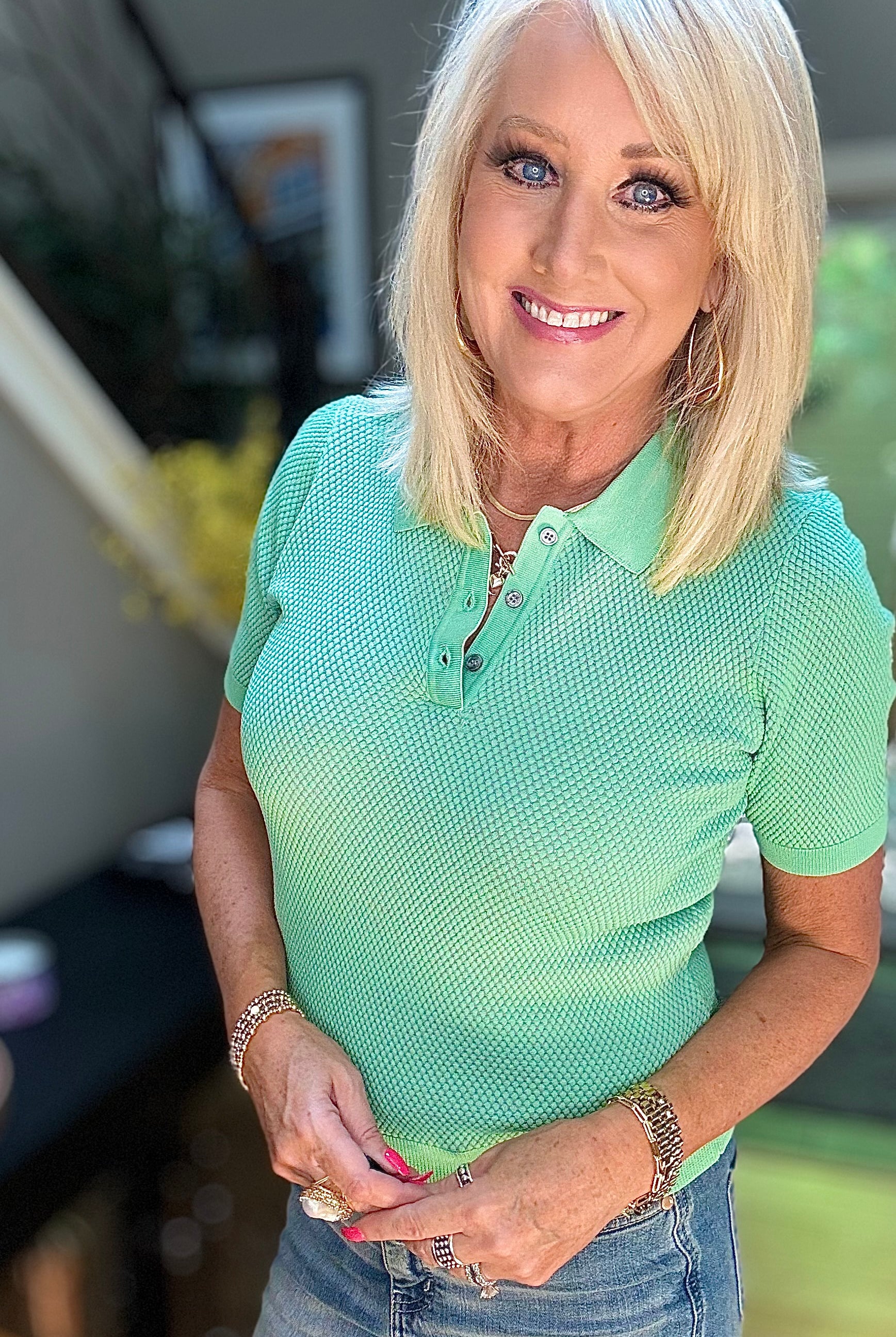 Soft Thermal Texture Two Colors Thread Polo Shirt Sweater in Sage-Short Sleeves-Ave Shops-Urban Threadz Boutique, Women's Fashion Boutique in Saugatuck, MI