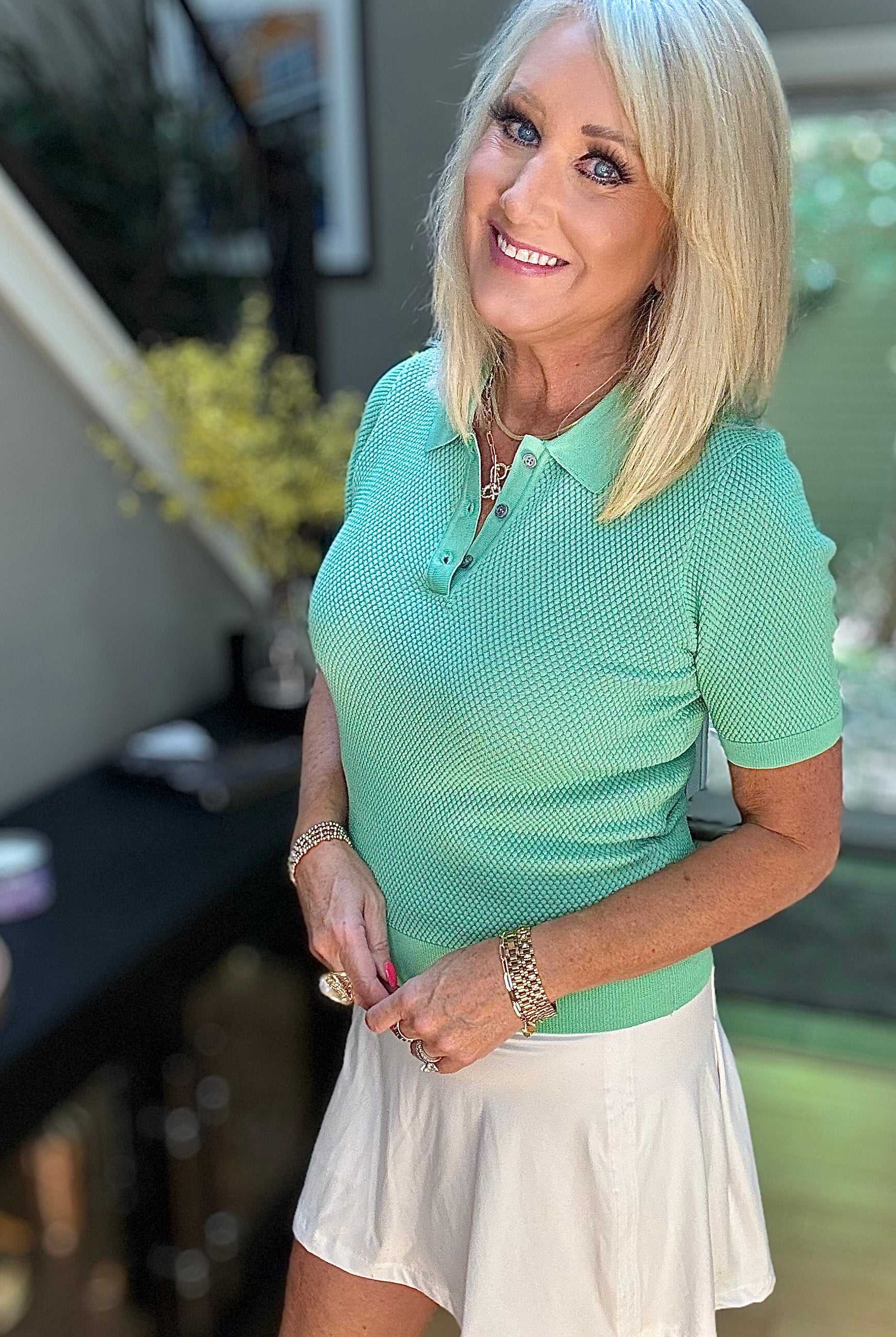 Soft Thermal Texture Two Colors Thread Polo Shirt Sweater in Sage-Short Sleeves-Ave Shops-Urban Threadz Boutique, Women's Fashion Boutique in Saugatuck, MI