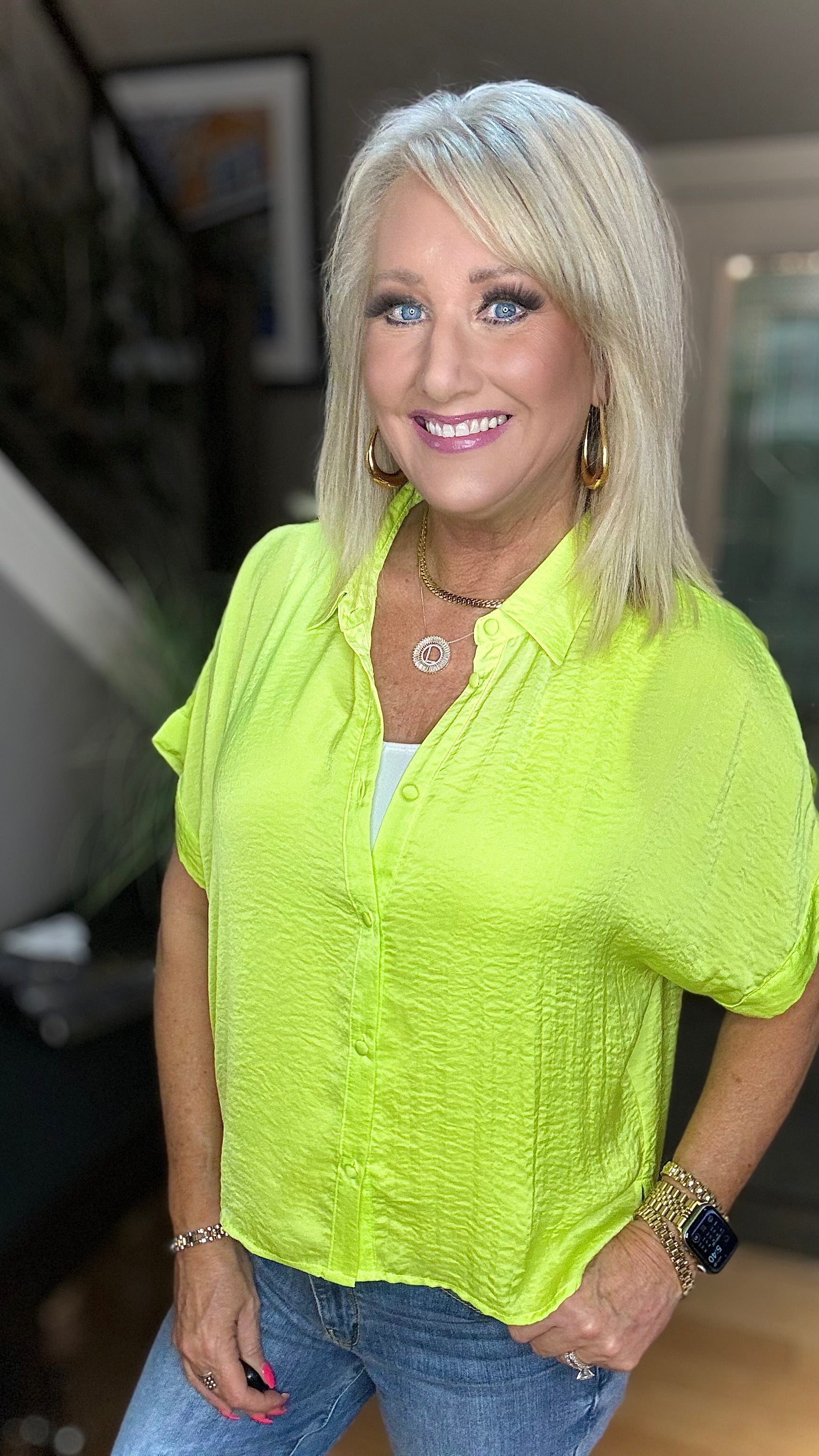 Bright Idea Button Down in Citrus-Short Sleeves-Ave Shops-Urban Threadz Boutique, Women's Fashion Boutique in Saugatuck, MI