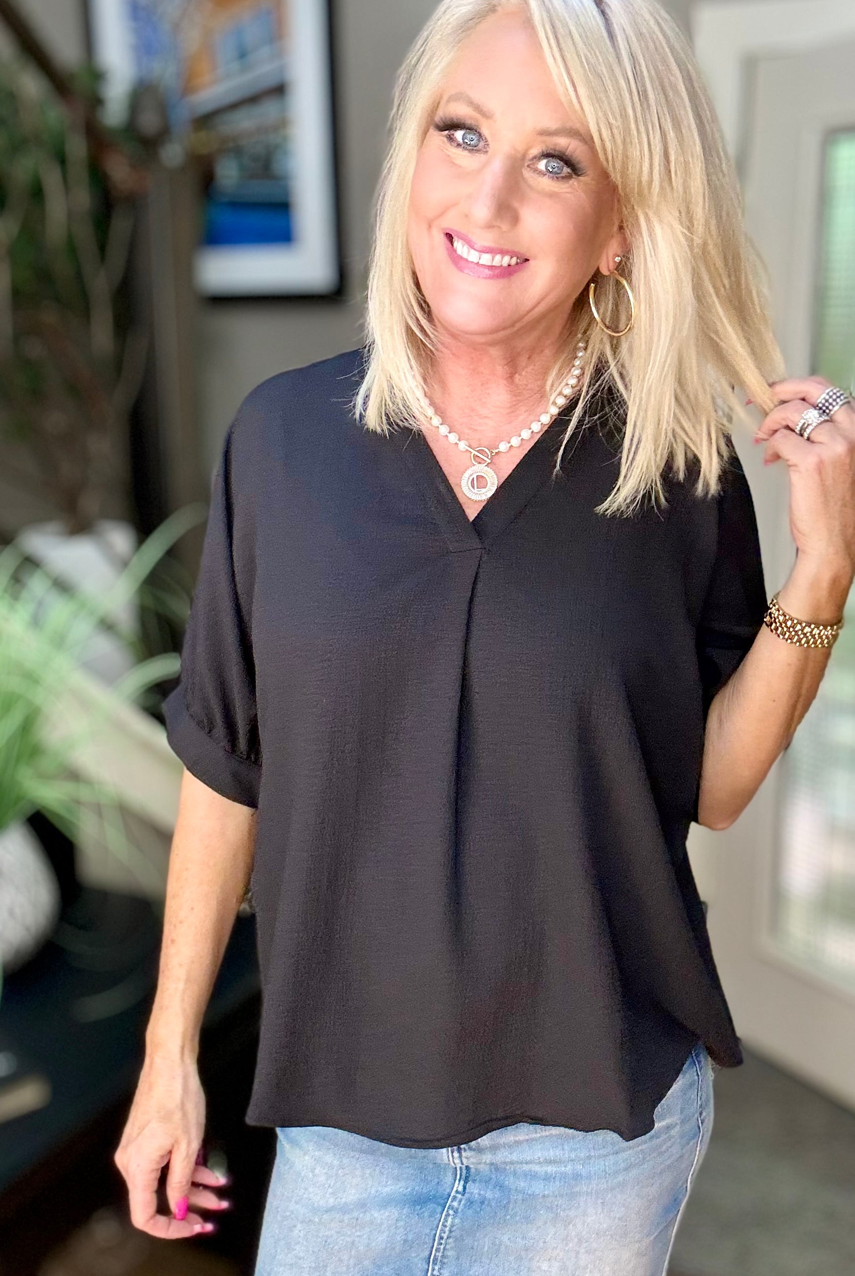 Up For Anything V-Neck Blouse in Black-Short Sleeves-Ave Shops-Urban Threadz Boutique, Women's Fashion Boutique in Saugatuck, MI