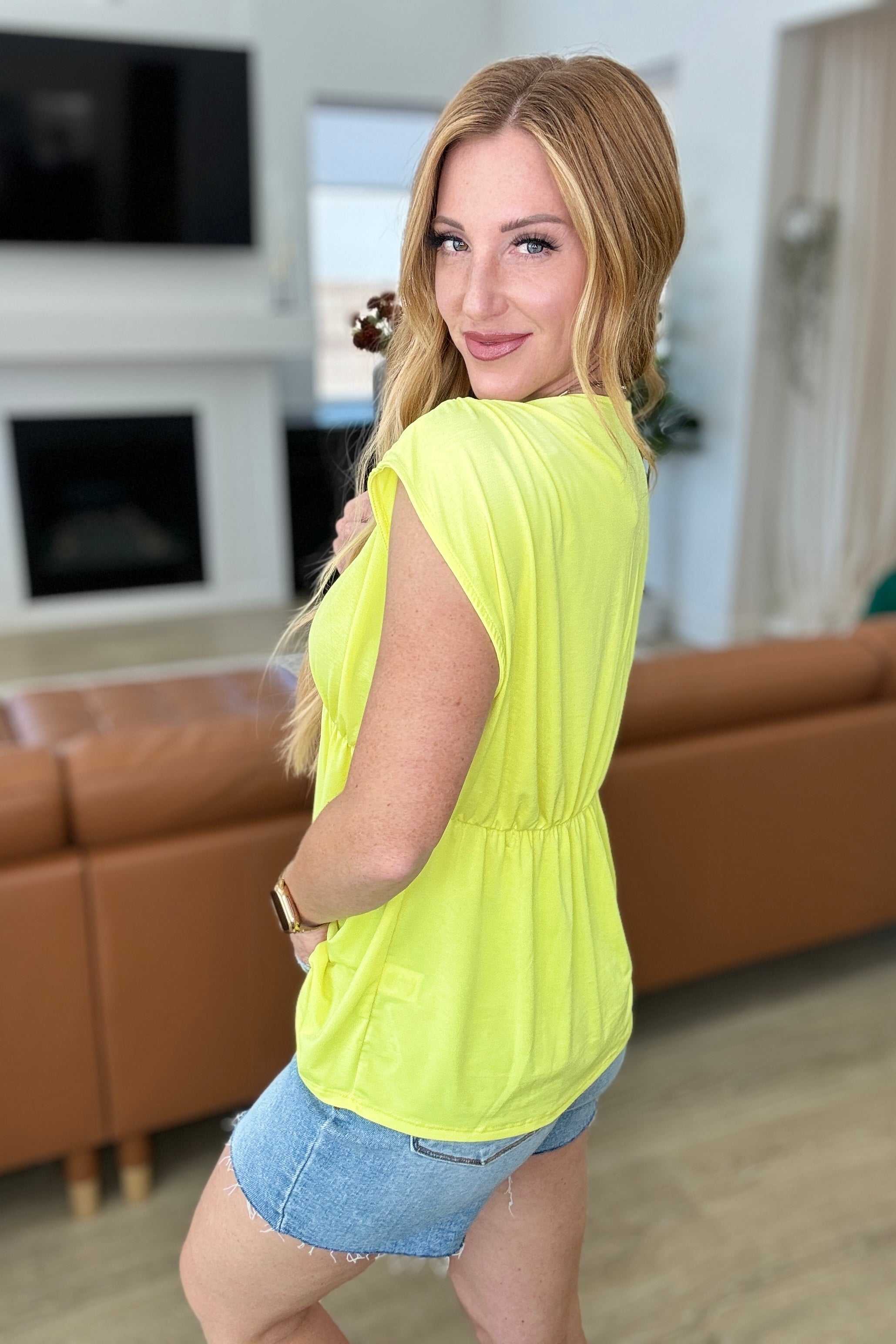 Rhea Peplum Top in Neon Yellow-Short Sleeves-Ave Shops-Urban Threadz Boutique, Women's Fashion Boutique in Saugatuck, MI