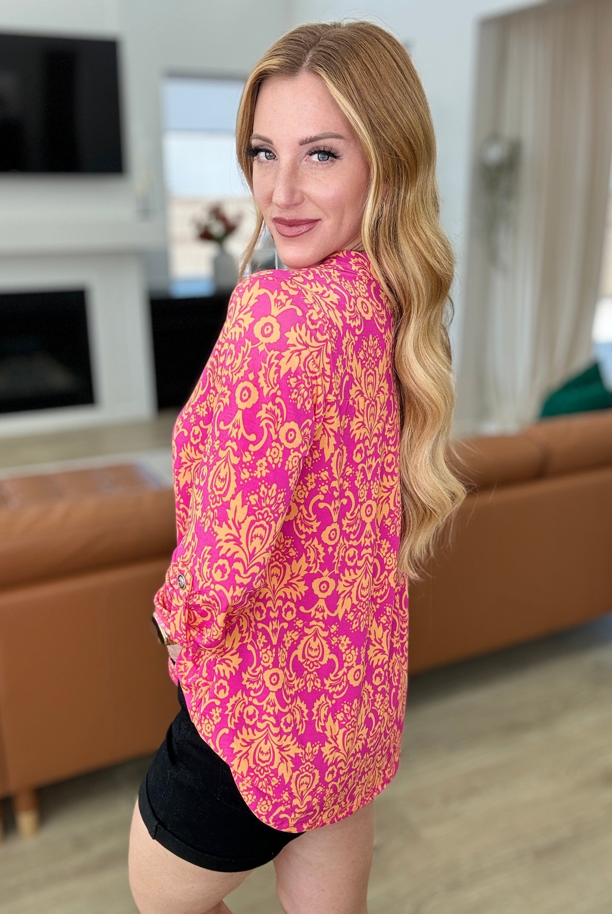 Lizzy Top in Hot Pink and Tangerine Damask-Tops-Ave Shops-Urban Threadz Boutique, Women's Fashion Boutique in Saugatuck, MI