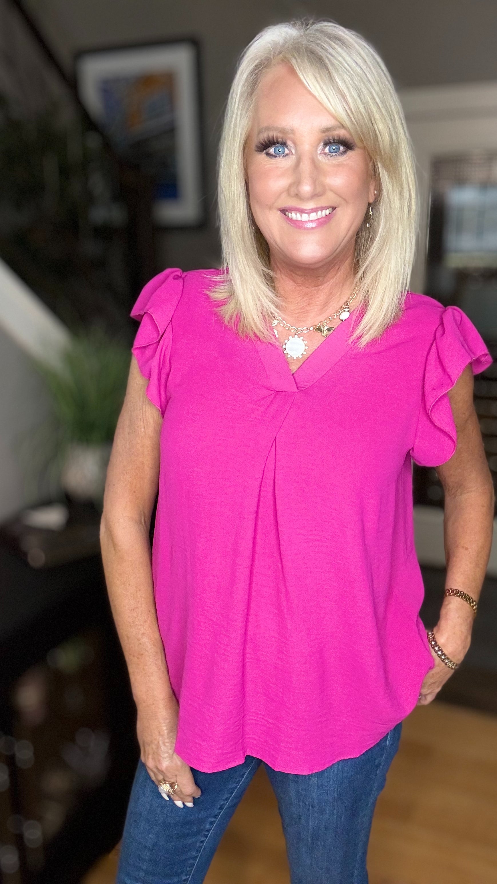 Summer Days Fuchsia Banded V Neck Flutter Sleeve Top-Short Sleeves-Haptics-Urban Threadz Boutique, Women's Fashion Boutique in Saugatuck, MI