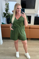 Short Sleeve V-Neck Romper in Army Green-Jumpsuits & Rompers-Ave Shops-Urban Threadz Boutique, Women's Fashion Boutique in Saugatuck, MI