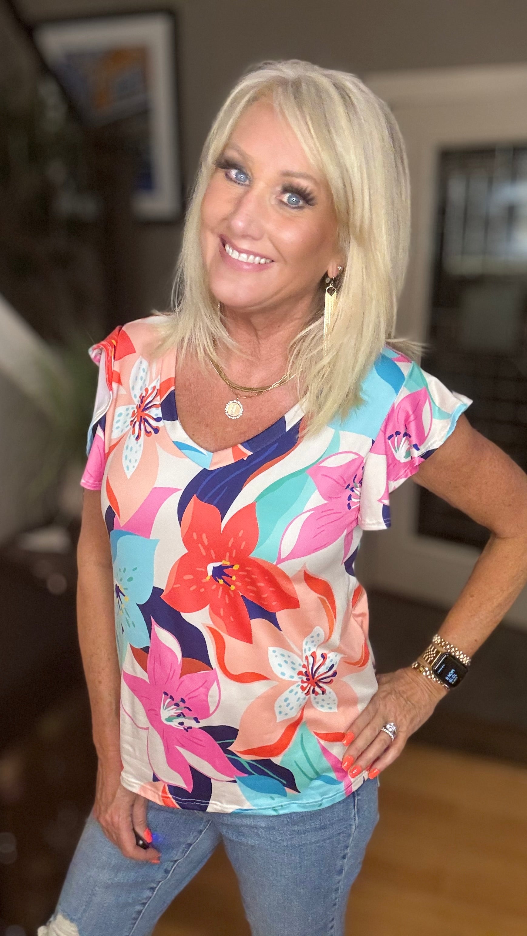 Summer Vibes Coral Tropical Print Flutter Sleeve Top-Short Sleeves-Haptics-Urban Threadz Boutique, Women's Fashion Boutique in Saugatuck, MI