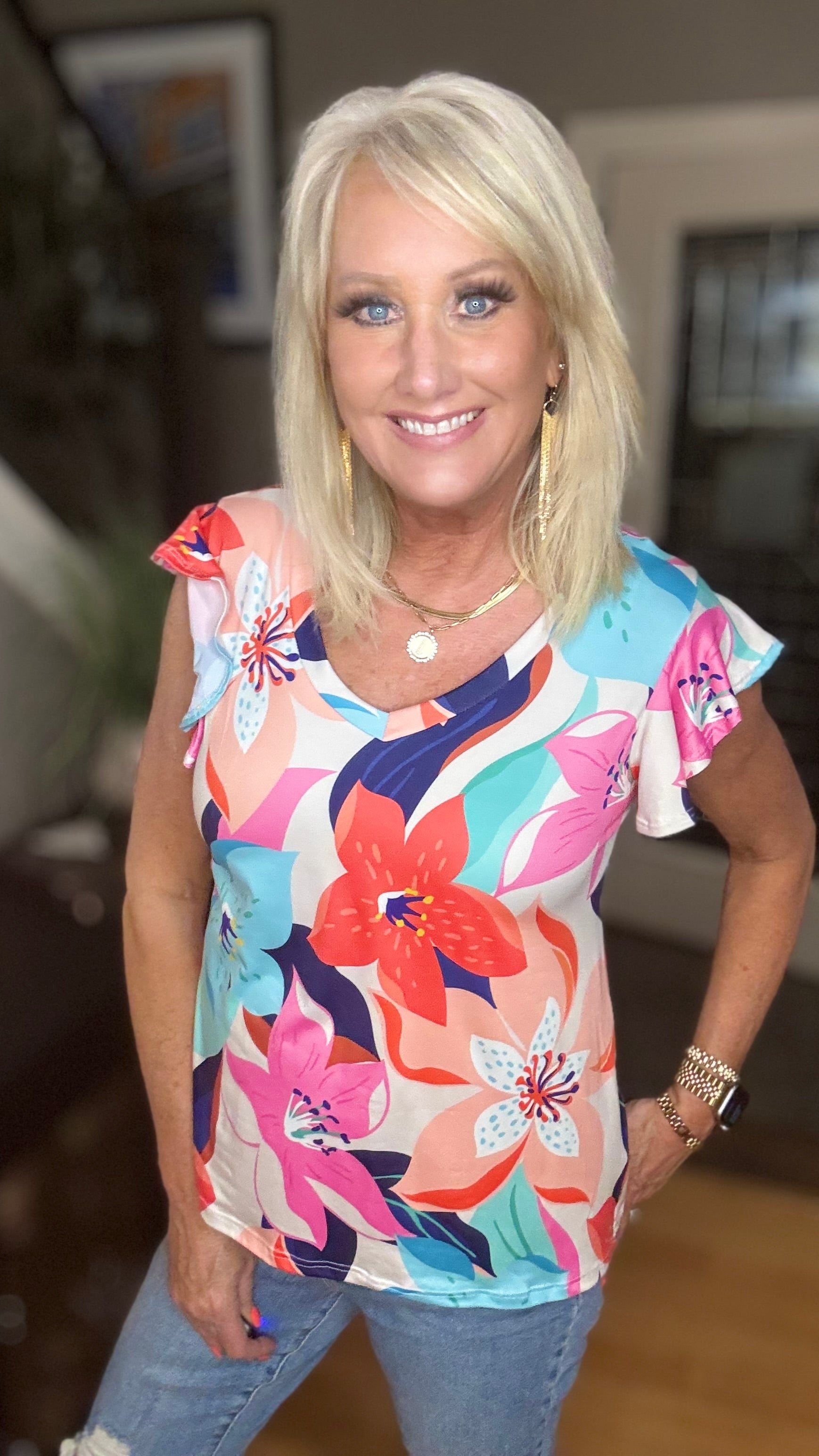 Summer Vibes Coral Tropical Print Flutter Sleeve Top-Short Sleeves-Haptics-Urban Threadz Boutique, Women's Fashion Boutique in Saugatuck, MI