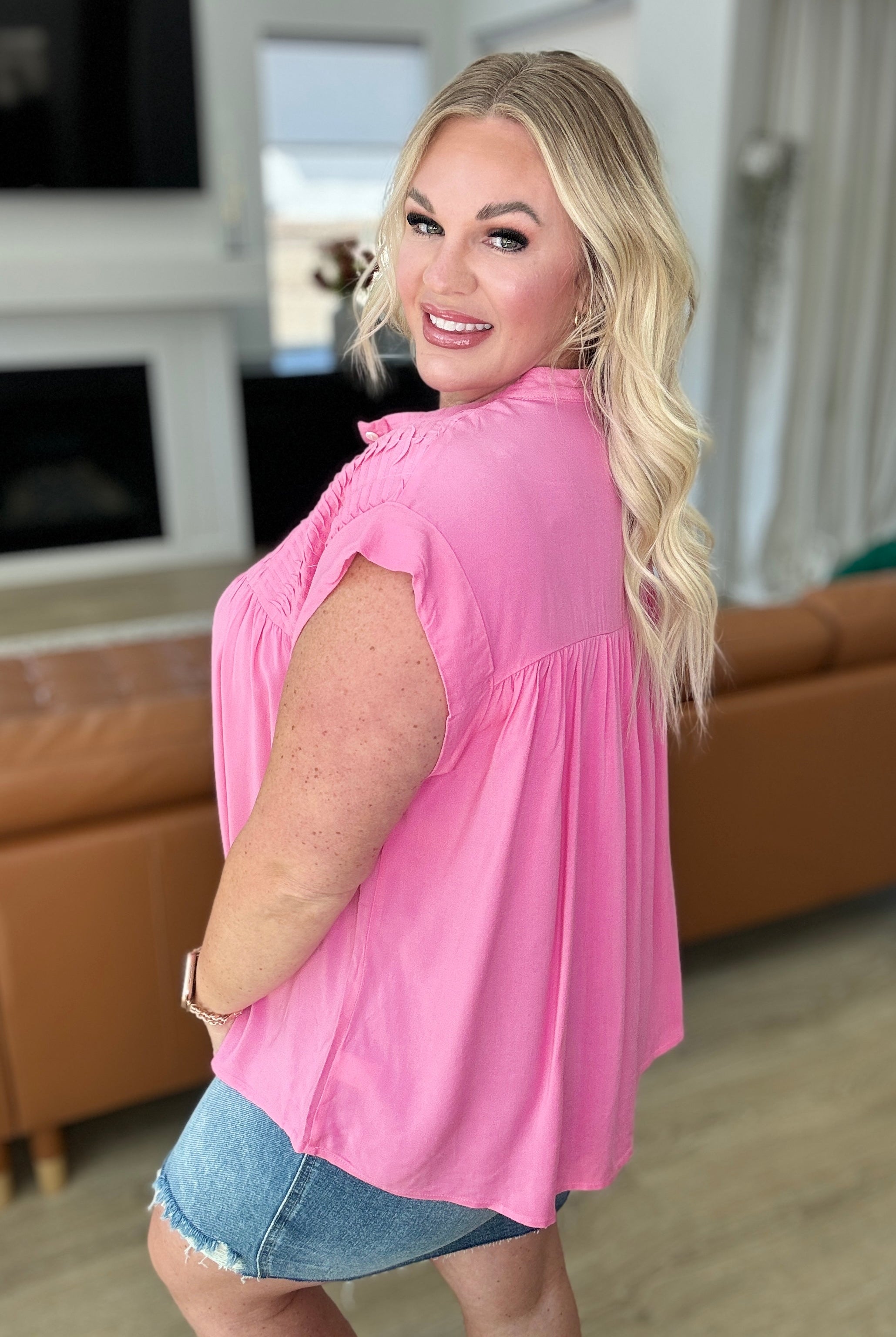 Pleat Detail Button Up Blouse in Pink Cosmos-Short Sleeves-Ave Shops-Urban Threadz Boutique, Women's Fashion Boutique in Saugatuck, MI