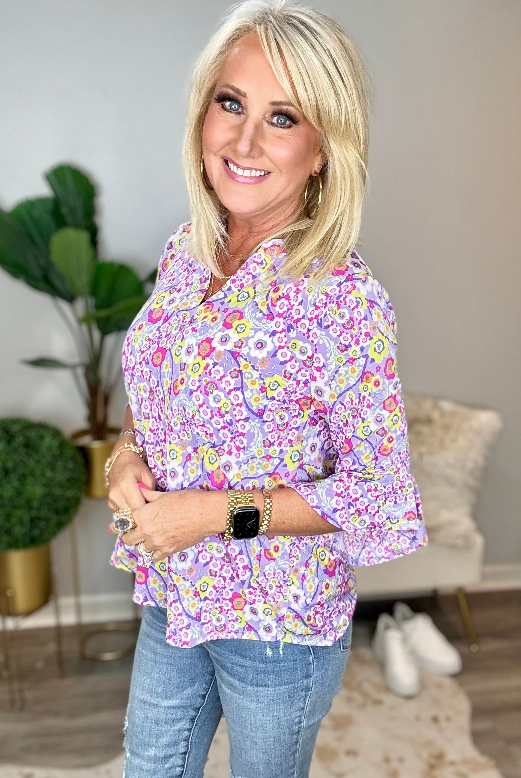 Lizzy Bell Sleeve Top in Lavender Retro Ditsy Floral-Tops-Ave Shops-Urban Threadz Boutique, Women's Fashion Boutique in Saugatuck, MI