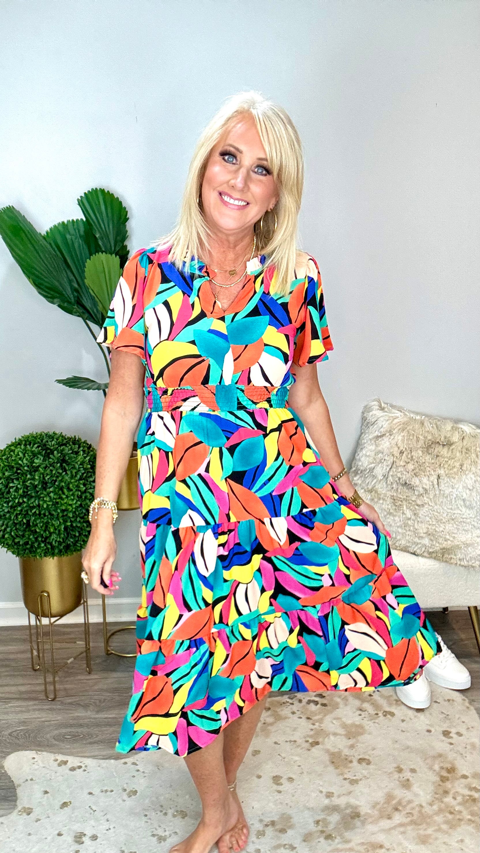 Be Bold Multicolor Abstract Tropical Print Smocked Waist Maxi Dress-Haptics-Urban Threadz Boutique, Women's Fashion Boutique in Saugatuck, MI