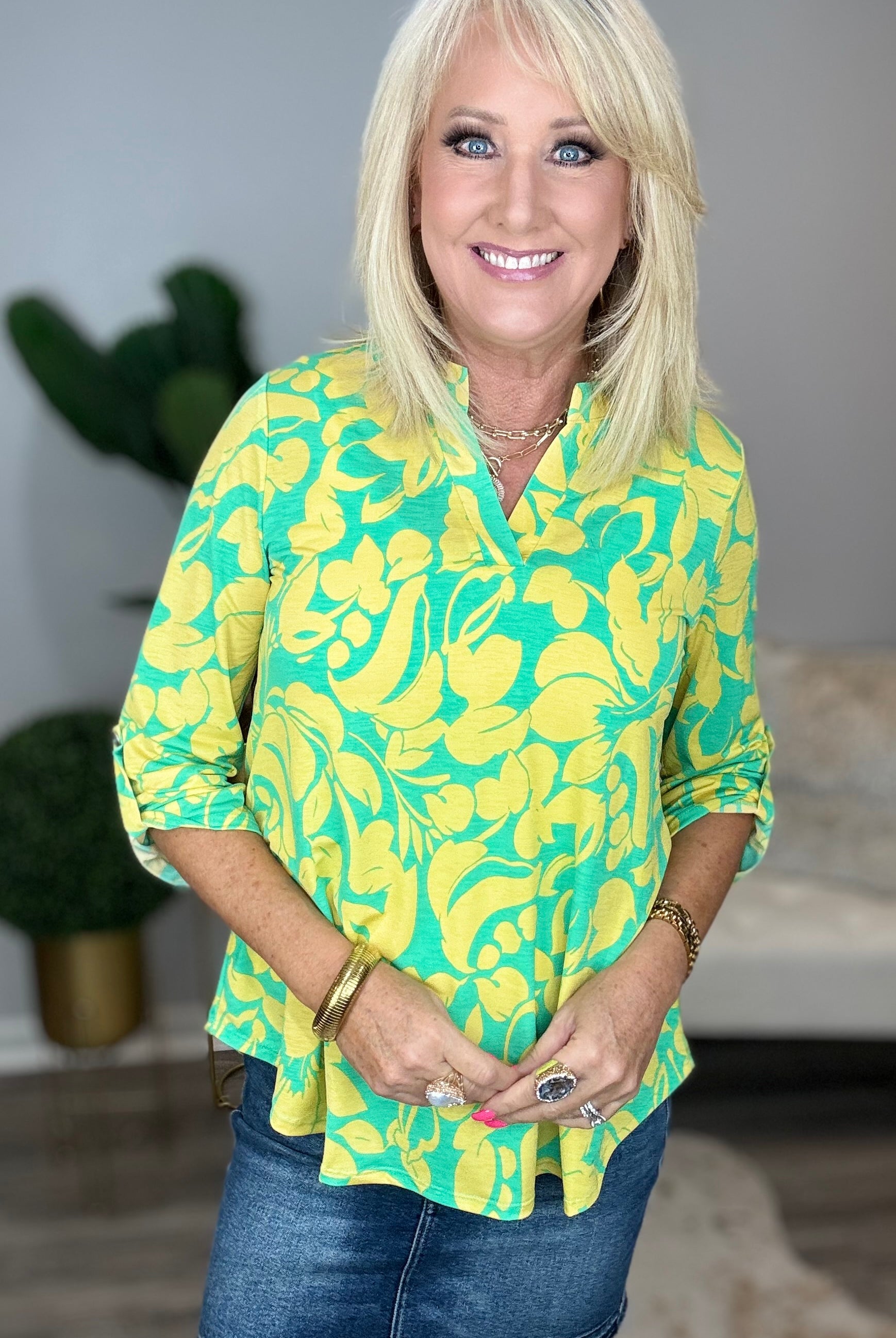Lizzy Top in Kelly Green and Yellow Floral-Short Sleeves-Ave Shops-Urban Threadz Boutique, Women's Fashion Boutique in Saugatuck, MI