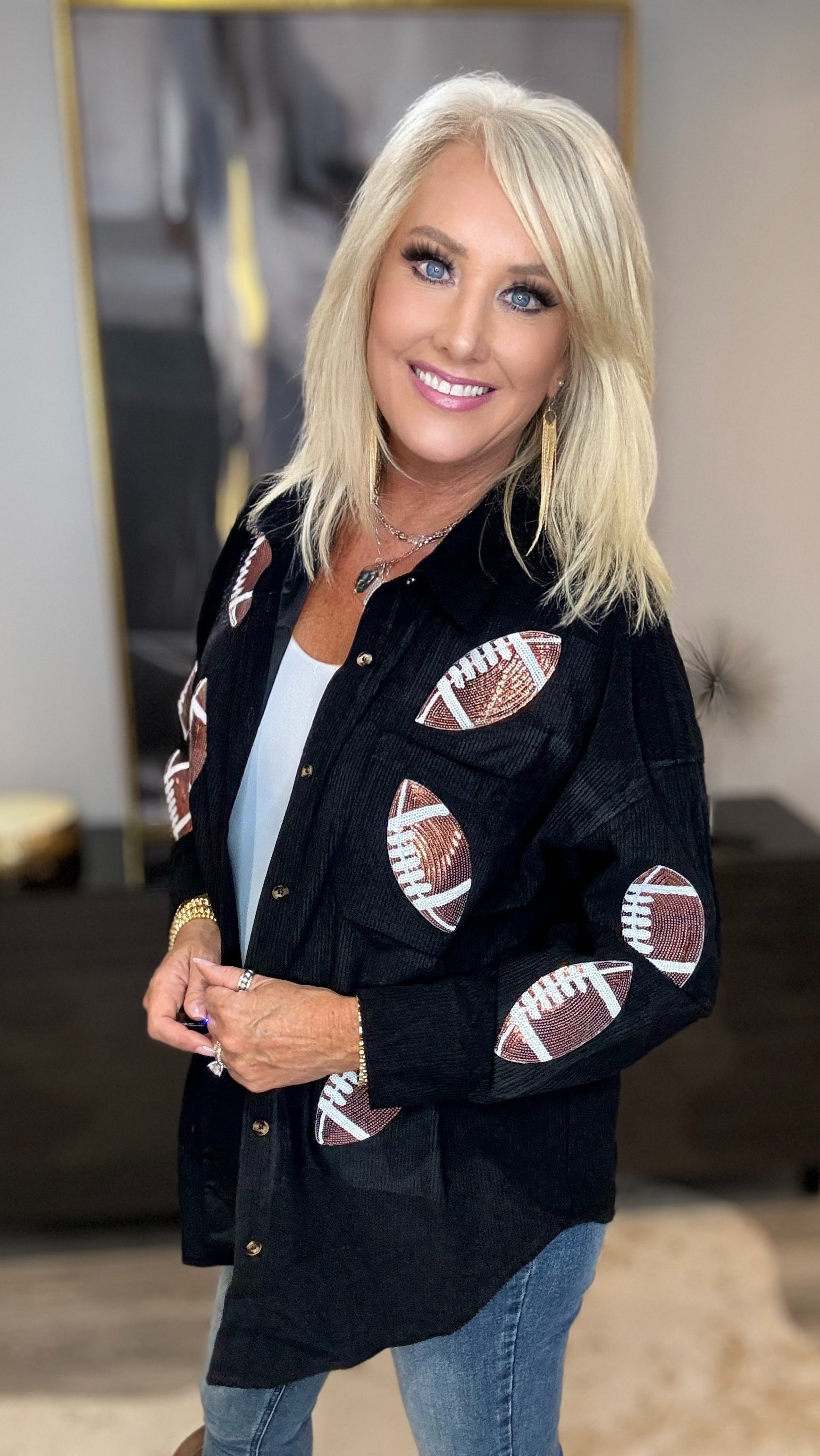 Sequin Football Button Up Long Sleeve Jacket-Jackets-Trendsi-Urban Threadz Boutique, Women's Fashion Boutique in Saugatuck, MI