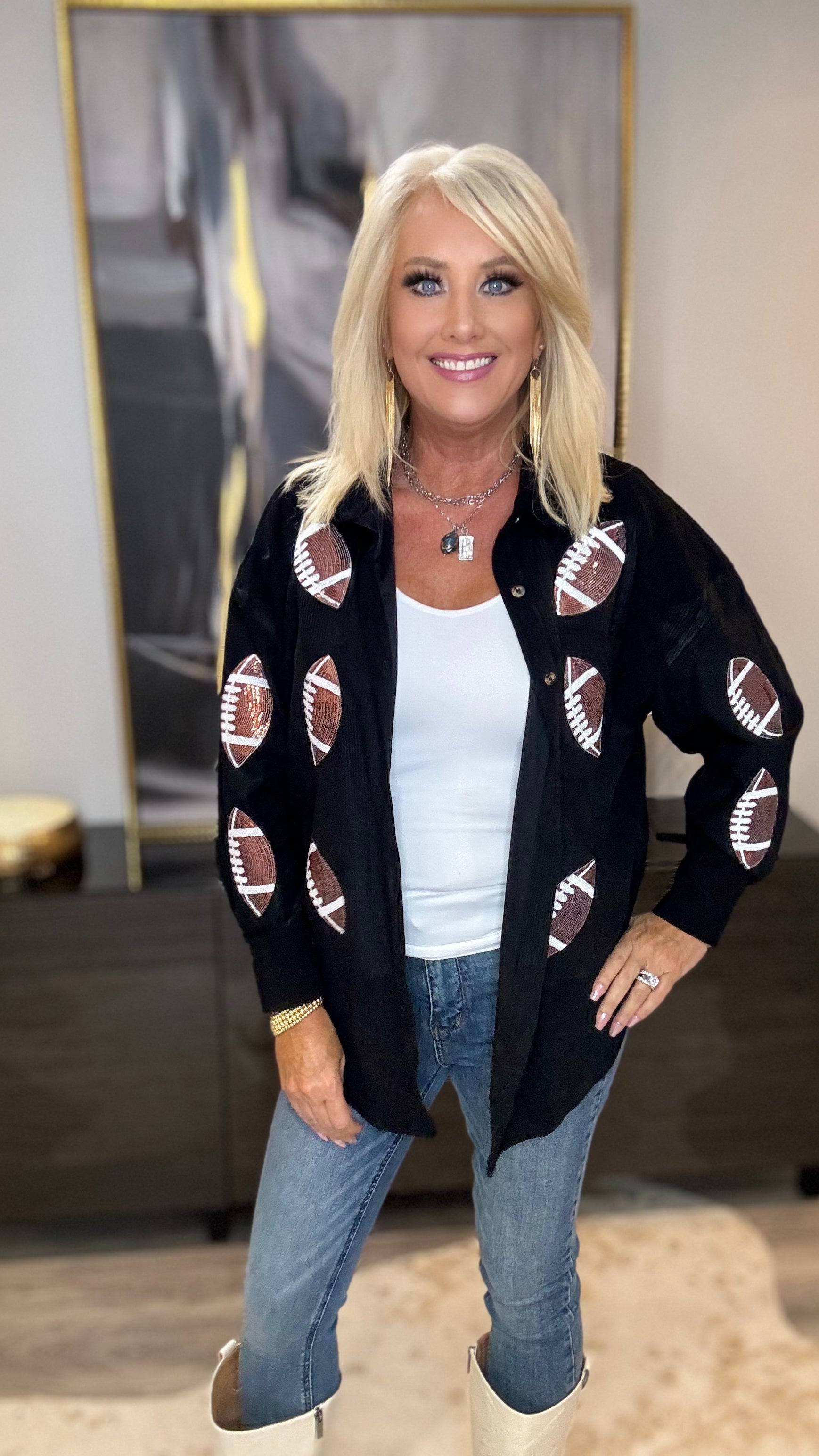 Sequin Football Button Up Long Sleeve Jacket-Jackets-Trendsi-Urban Threadz Boutique, Women's Fashion Boutique in Saugatuck, MI