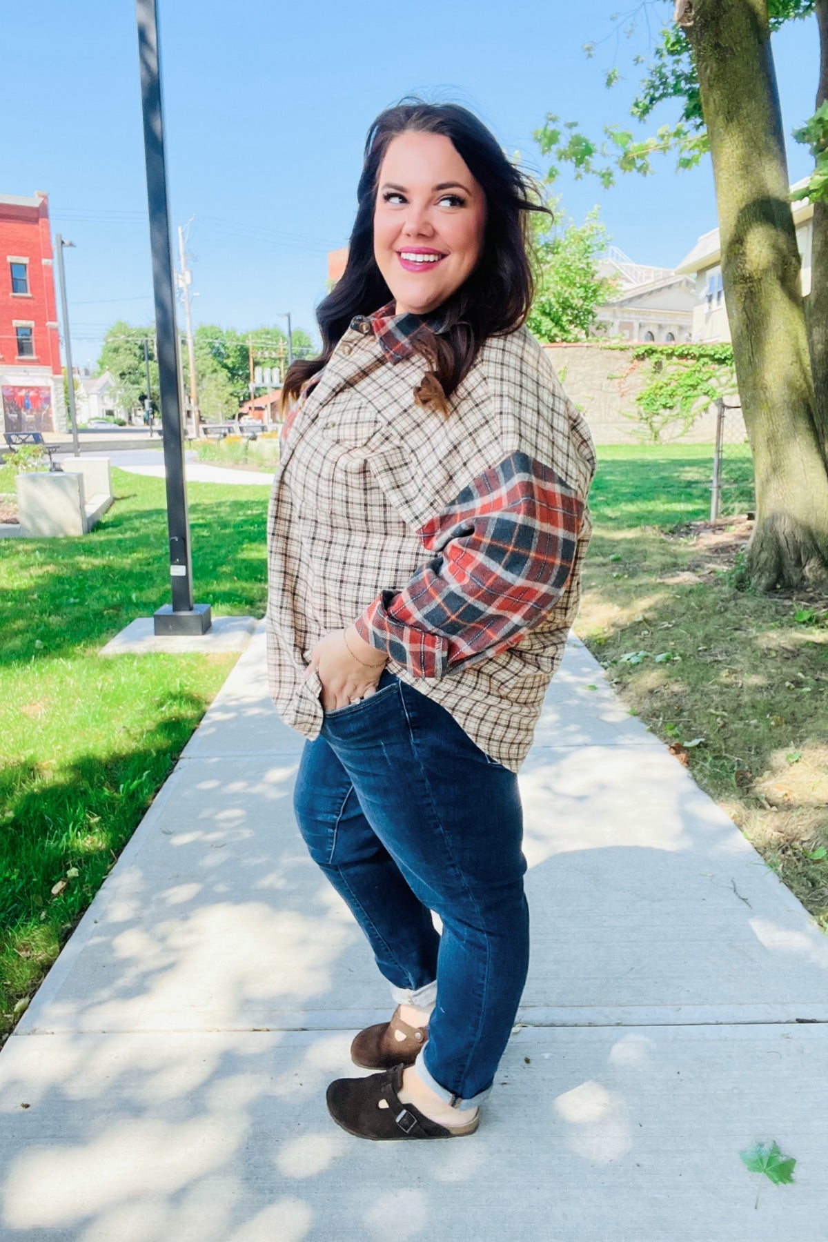 Rust & Taupe Plaid Color Block Shacket-Shackets-Haptics-Urban Threadz Boutique, Women's Fashion Boutique in Saugatuck, MI