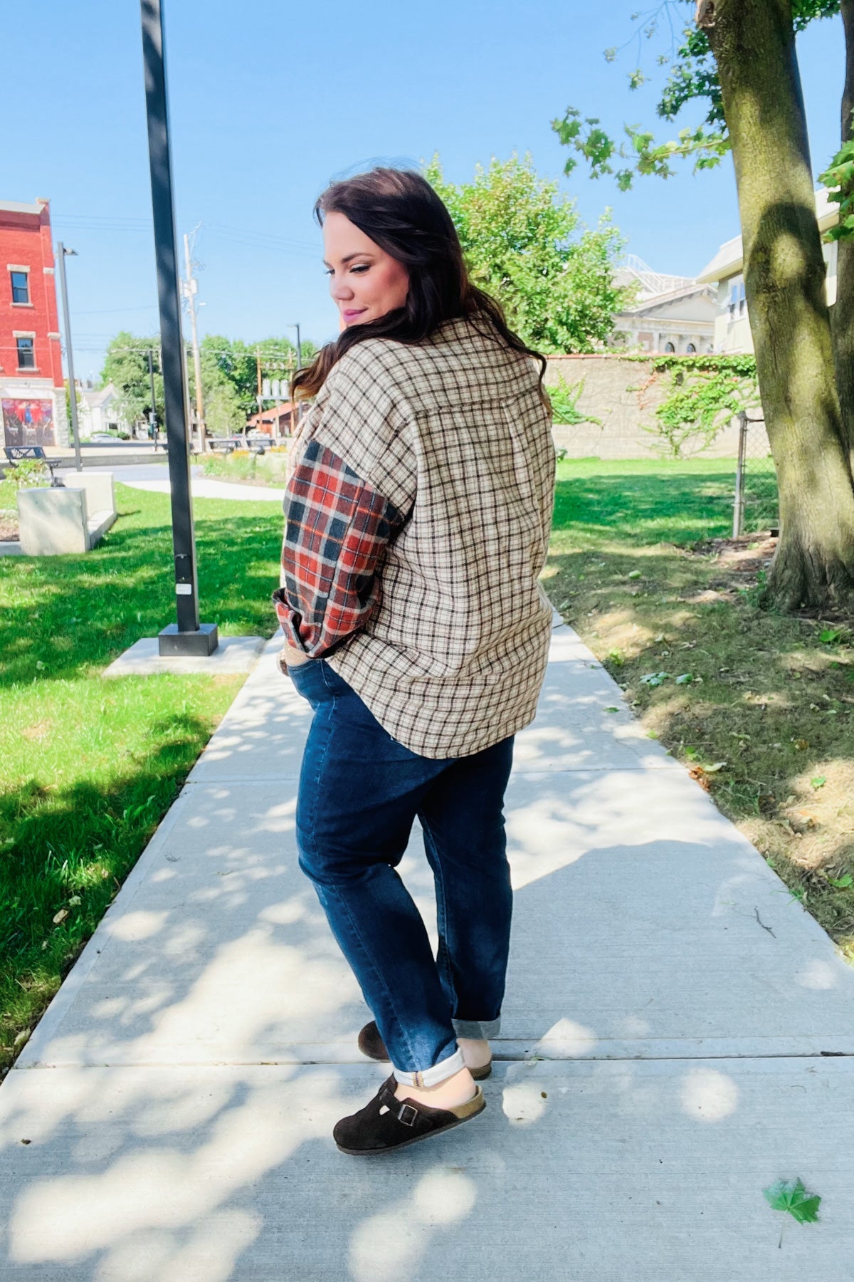 Rust & Taupe Plaid Color Block Shacket-Shackets-Haptics-Urban Threadz Boutique, Women's Fashion Boutique in Saugatuck, MI