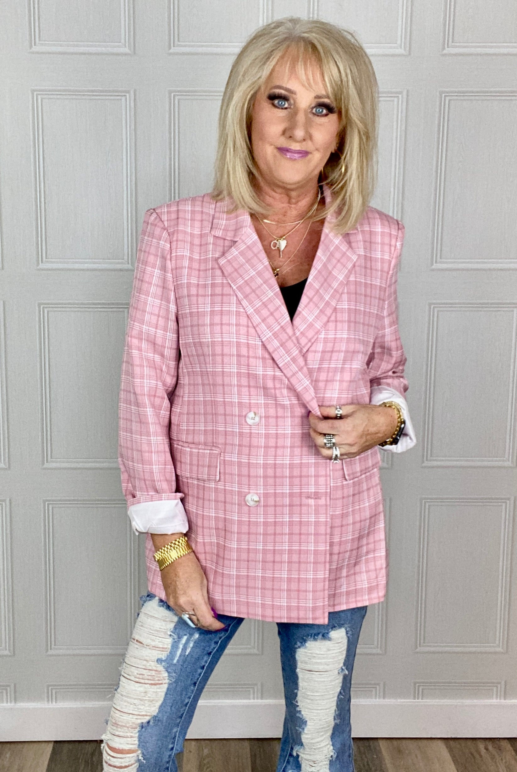 Get To It Pink Plaid Double Breasted Collar Lapel Blazer-Haptics-Urban Threadz Boutique, Women's Fashion Boutique in Saugatuck, MI