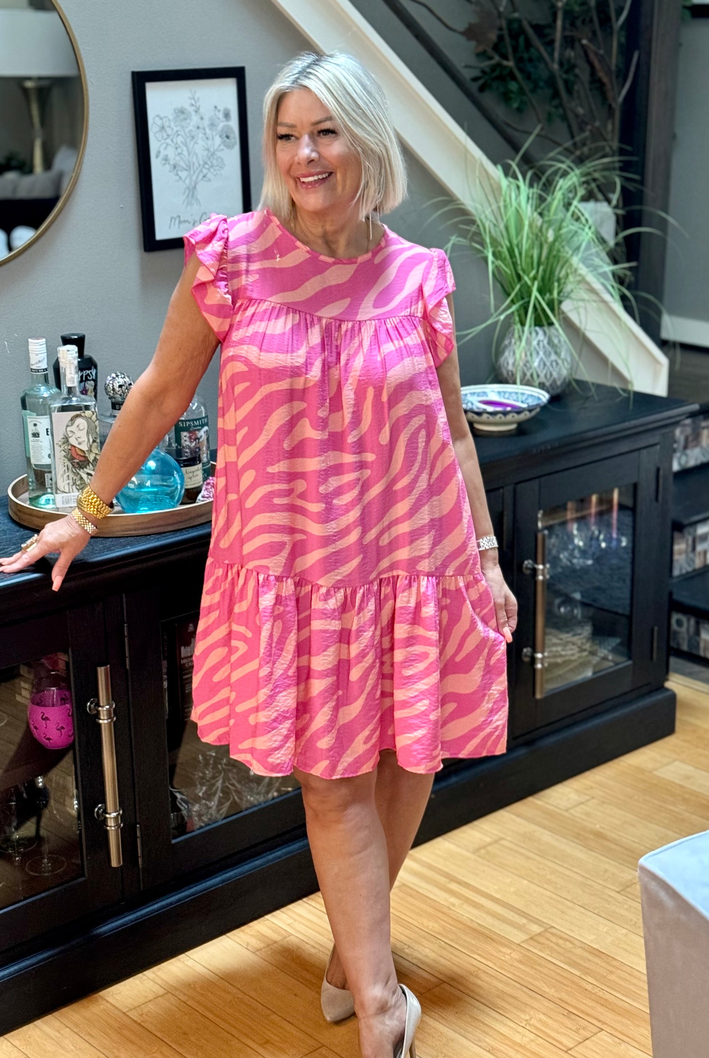 Remember Me Pink Zebra Print Tiered Ruffle Sleeve Woven Dress-Haptics-Urban Threadz Boutique, Women's Fashion Boutique in Saugatuck, MI