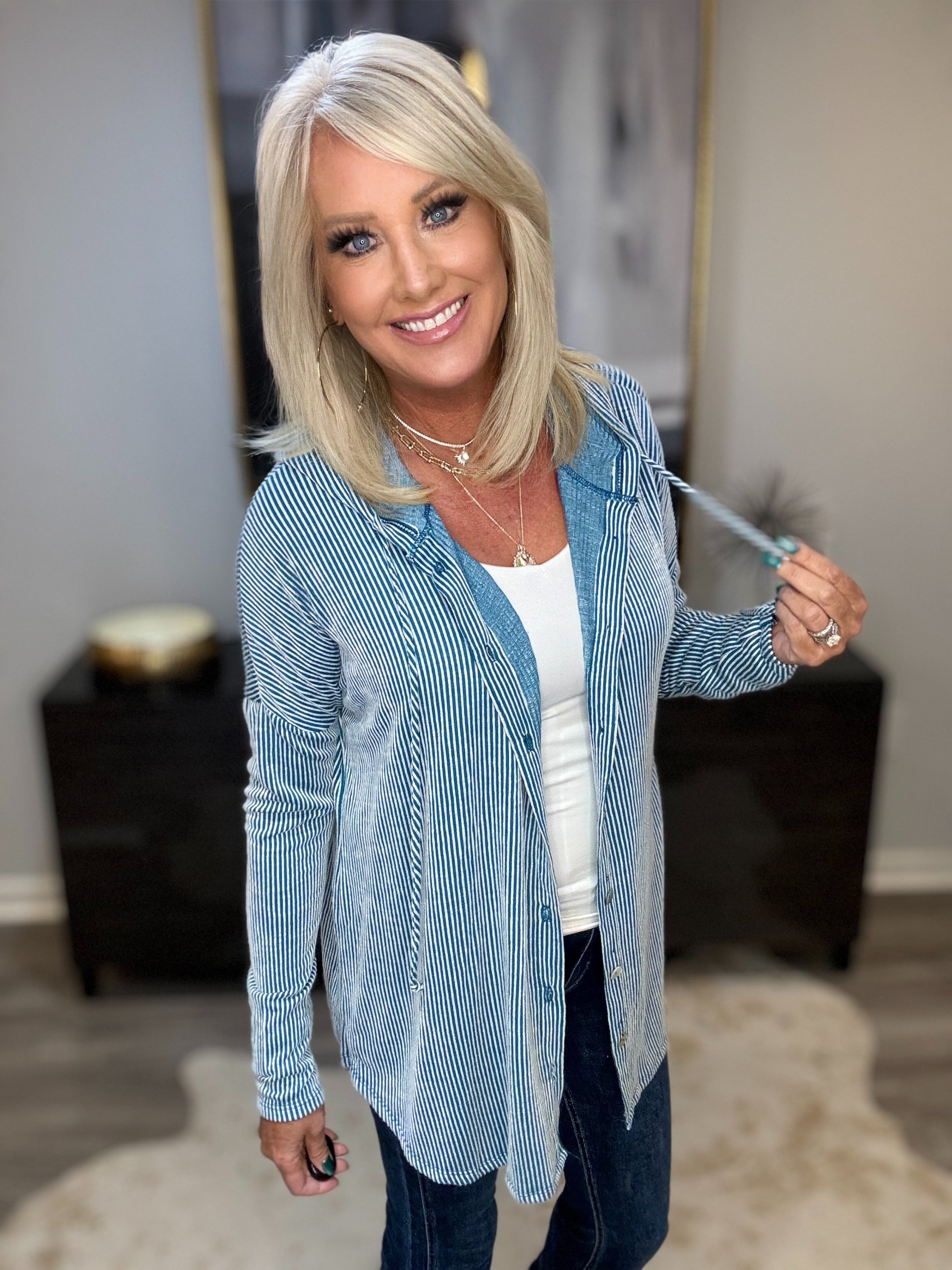 Trickling in Style - Button Down Hoodie-Jackets-Boutique Simplified-Urban Threadz Boutique, Women's Fashion Boutique in Saugatuck, MI