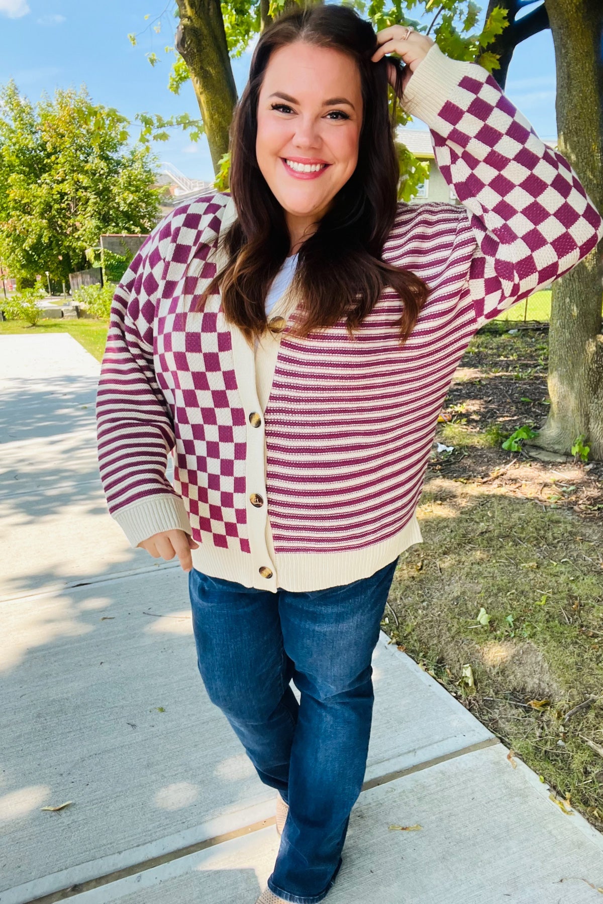 Cozy Days Magenta Checkered & Striped Button-Down Cardigan-Cardigans-Haptics-Urban Threadz Boutique, Women's Fashion Boutique in Saugatuck, MI