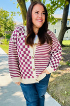 Cozy Days Magenta Checkered & Striped Button-Down Cardigan-Cardigans-Haptics-Urban Threadz Boutique, Women's Fashion Boutique in Saugatuck, MI