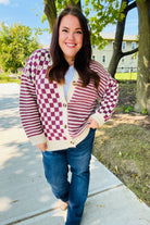 Cozy Days Magenta Checkered & Striped Button-Down Cardigan-Cardigans-Haptics-Urban Threadz Boutique, Women's Fashion Boutique in Saugatuck, MI