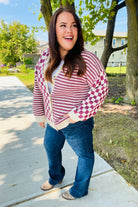 Cozy Days Magenta Checkered & Striped Button-Down Cardigan-Cardigans-Haptics-Urban Threadz Boutique, Women's Fashion Boutique in Saugatuck, MI