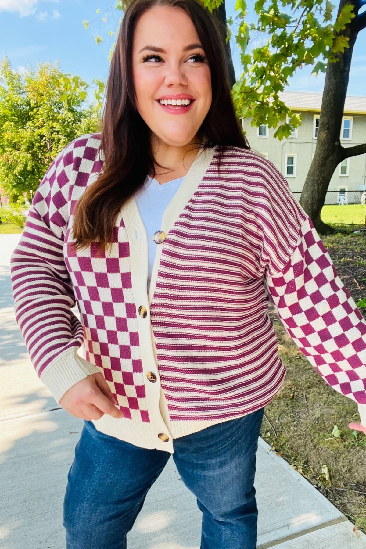 Cozy Days Magenta Checkered & Striped Button-Down Cardigan-Cardigans-Haptics-Urban Threadz Boutique, Women's Fashion Boutique in Saugatuck, MI