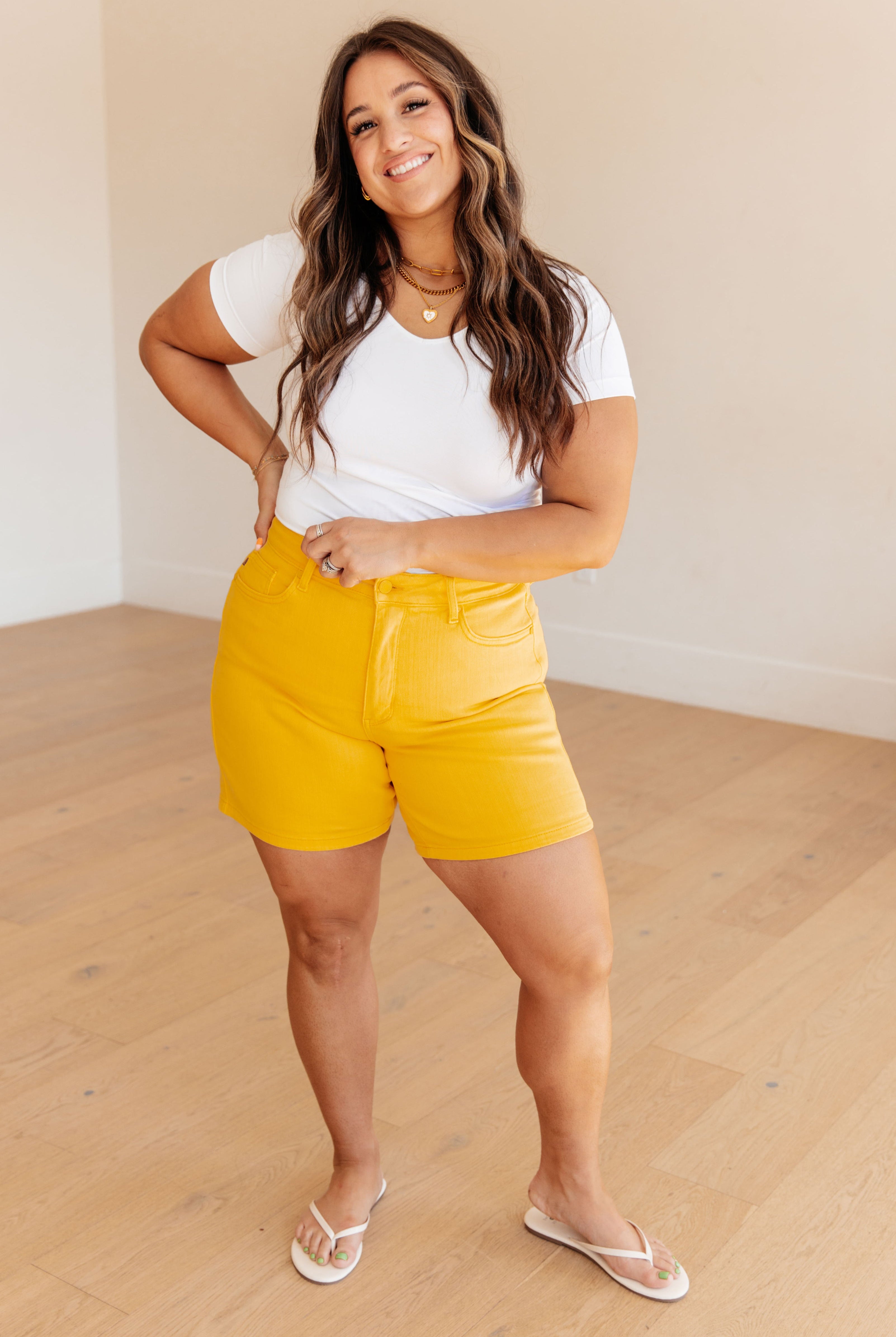 Jenna High Rise Control Top Cuffed Shorts in Yellow-Shorts-Ave Shops-Urban Threadz Boutique, Women's Fashion Boutique in Saugatuck, MI