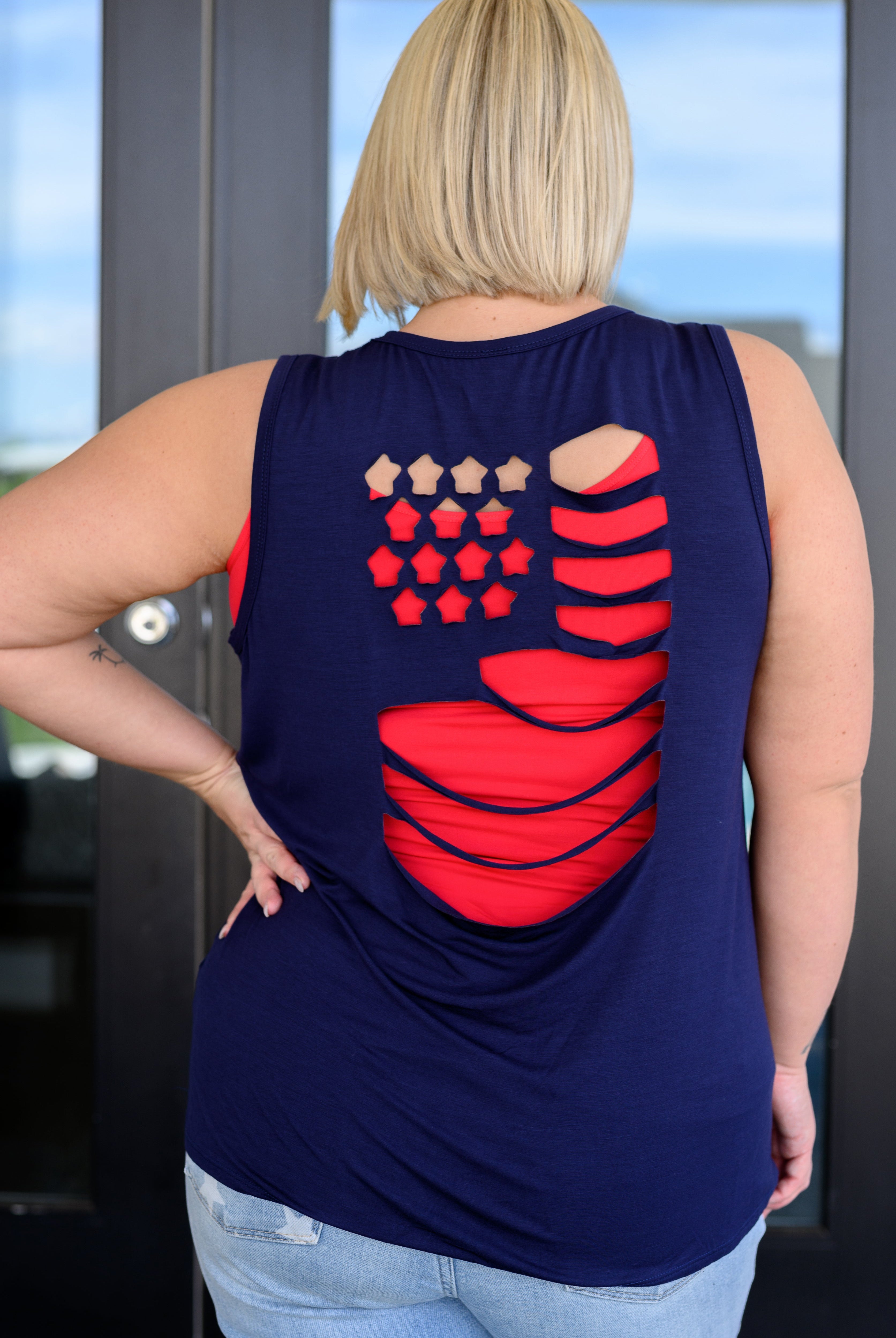 Land of the Free Tank in Navy-Tank Tops-Ave Shops-Urban Threadz Boutique, Women's Fashion Boutique in Saugatuck, MI