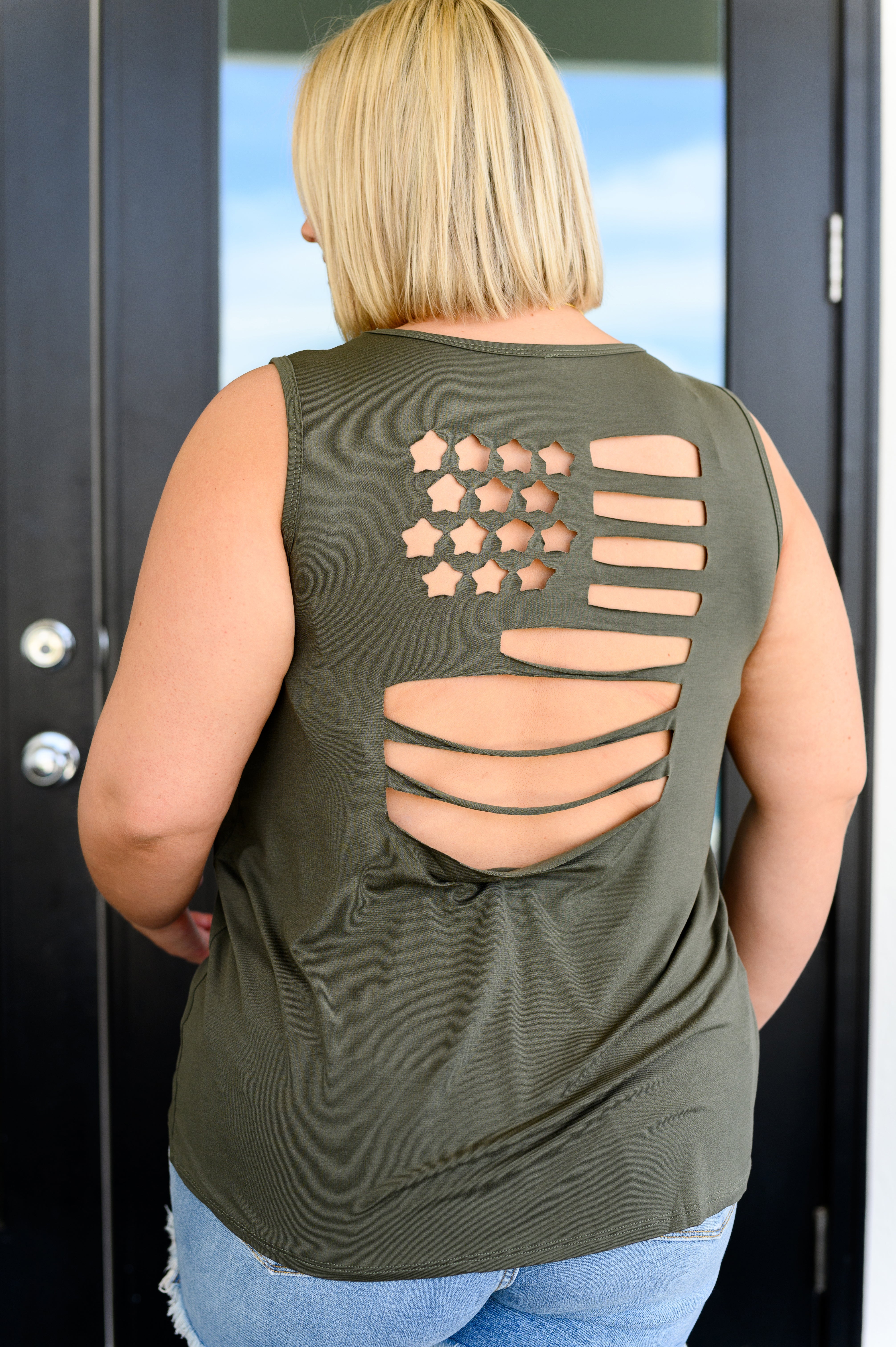 Land of the Free Tank in Olive-Tank Tops-Ave Shops-Urban Threadz Boutique, Women's Fashion Boutique in Saugatuck, MI