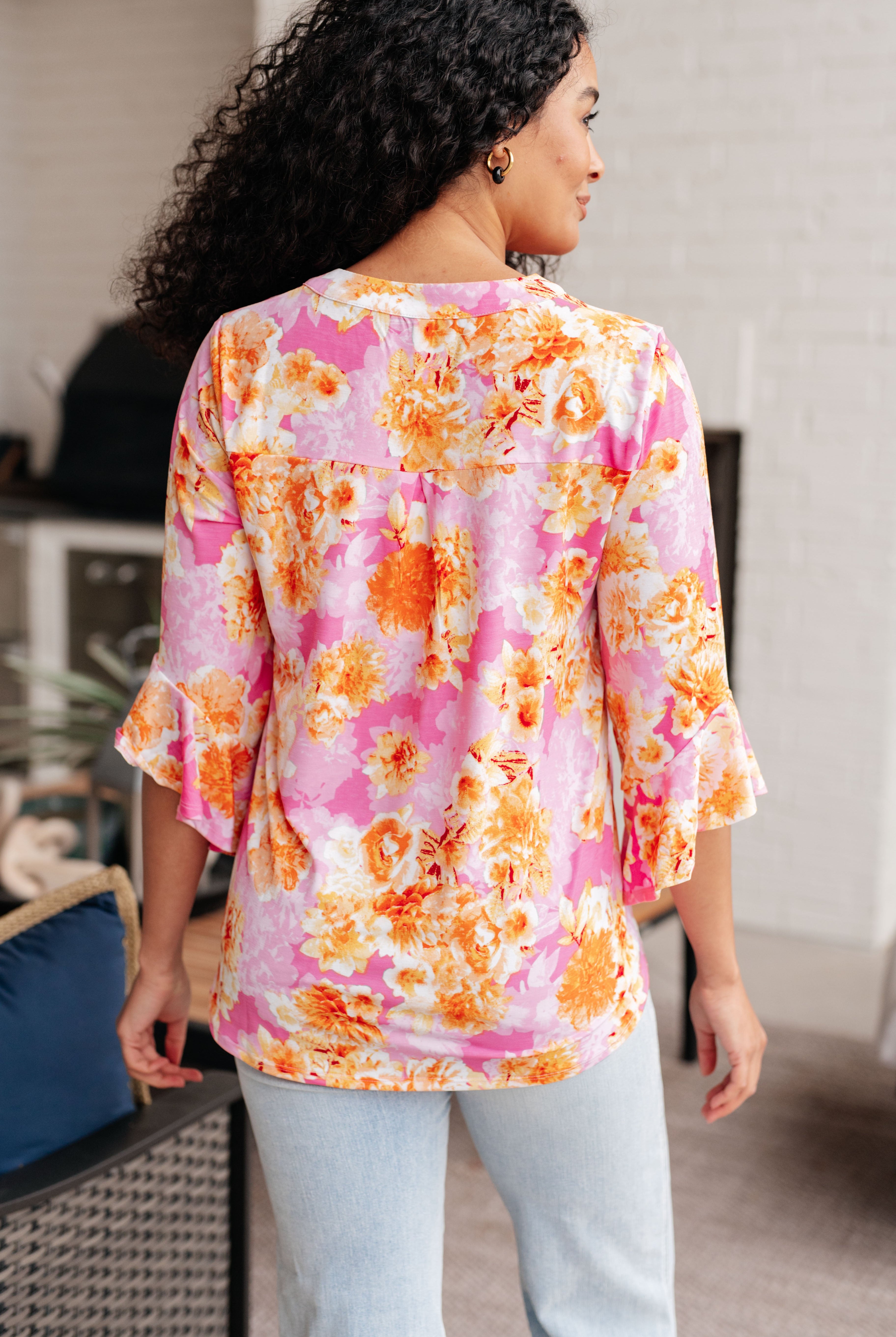 Lizzy Bell Sleeve Top in Pink and Gold Floral-Tops-Ave Shops-Urban Threadz Boutique, Women's Fashion Boutique in Saugatuck, MI
