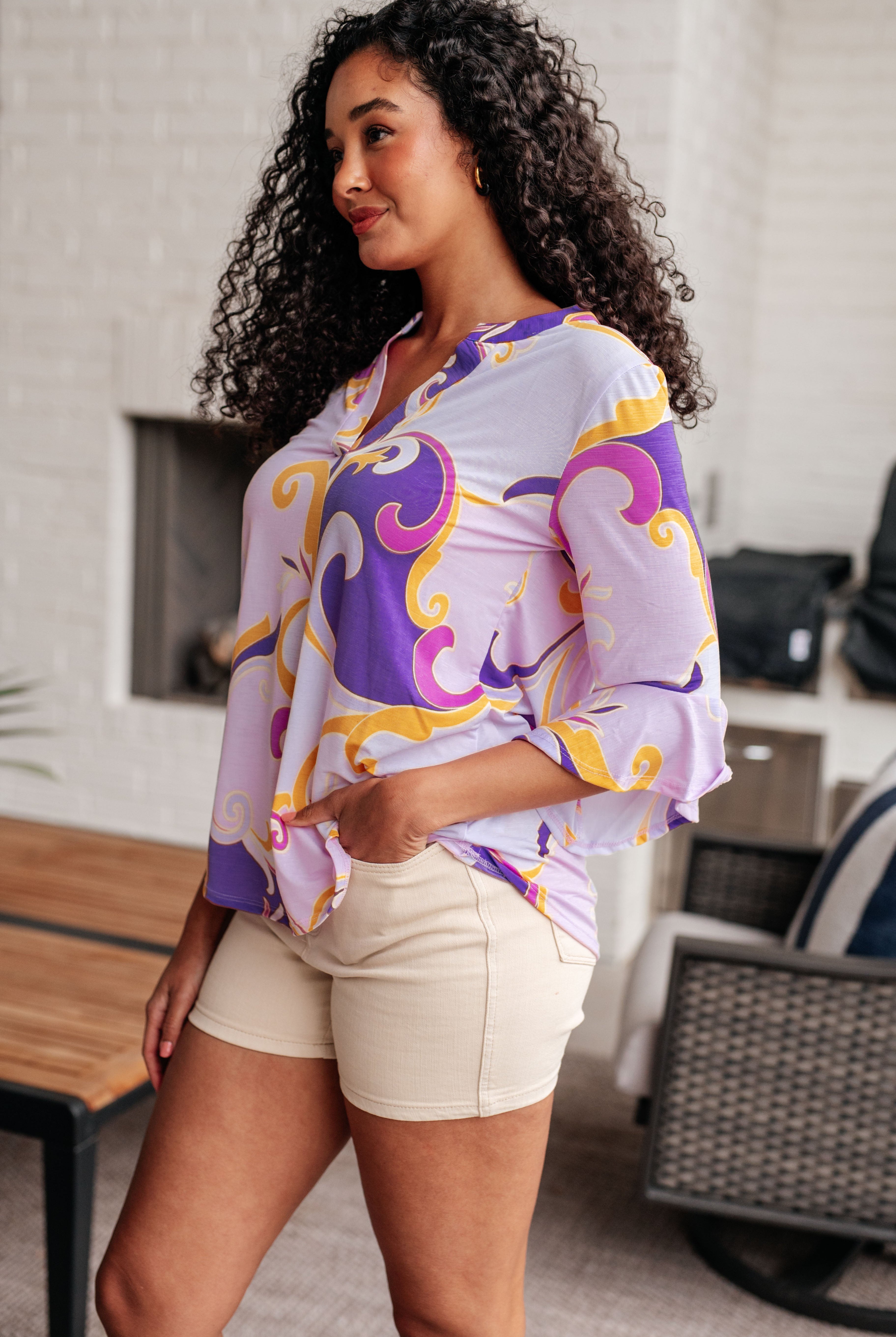 Lizzy Bell Sleeve Top in Regal Lavender and Gold-Short Sleeves-Ave Shops-Urban Threadz Boutique, Women's Fashion Boutique in Saugatuck, MI