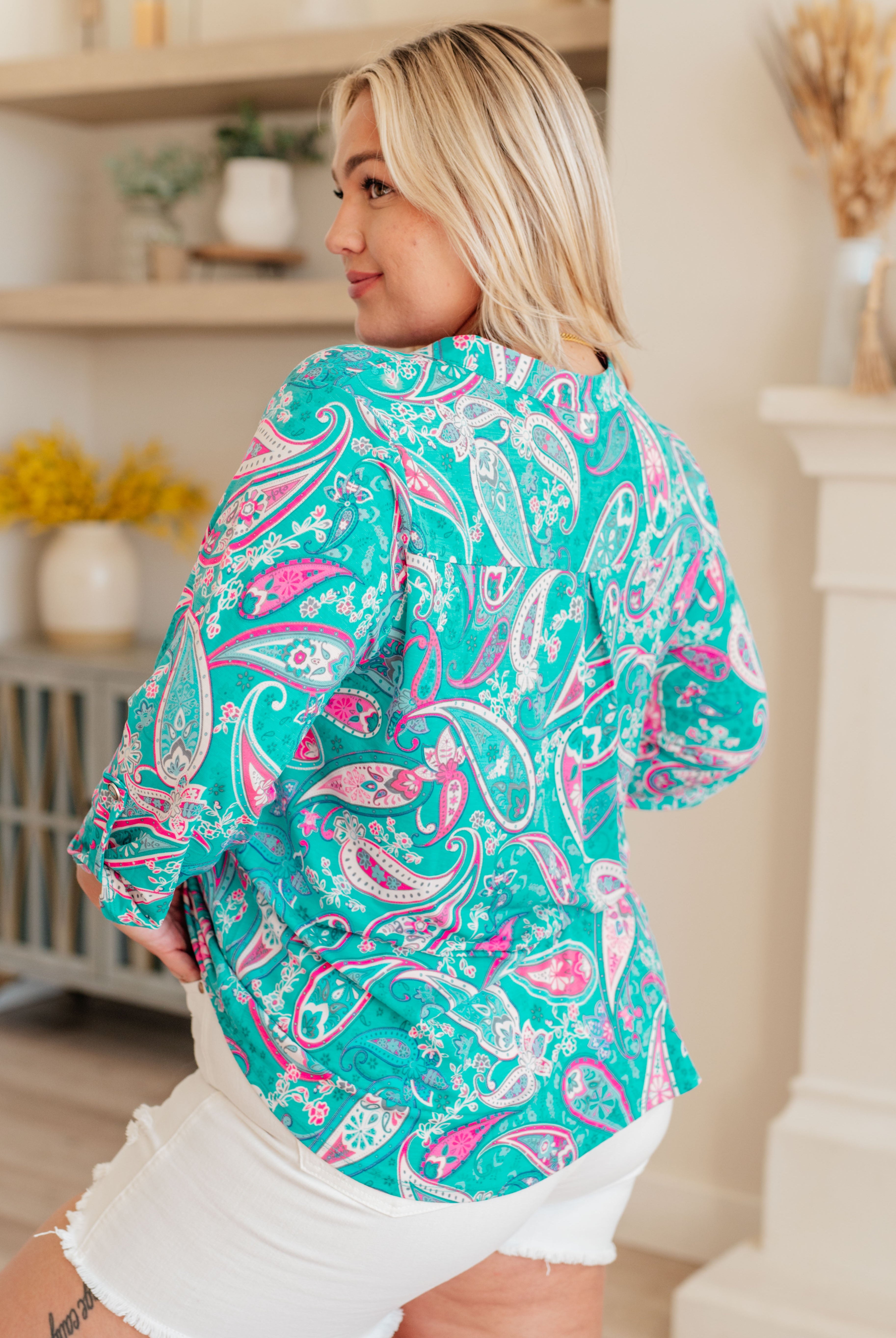 Lizzy Top in Aqua and Pink Paisley-Tops-Ave Shops-Urban Threadz Boutique, Women's Fashion Boutique in Saugatuck, MI